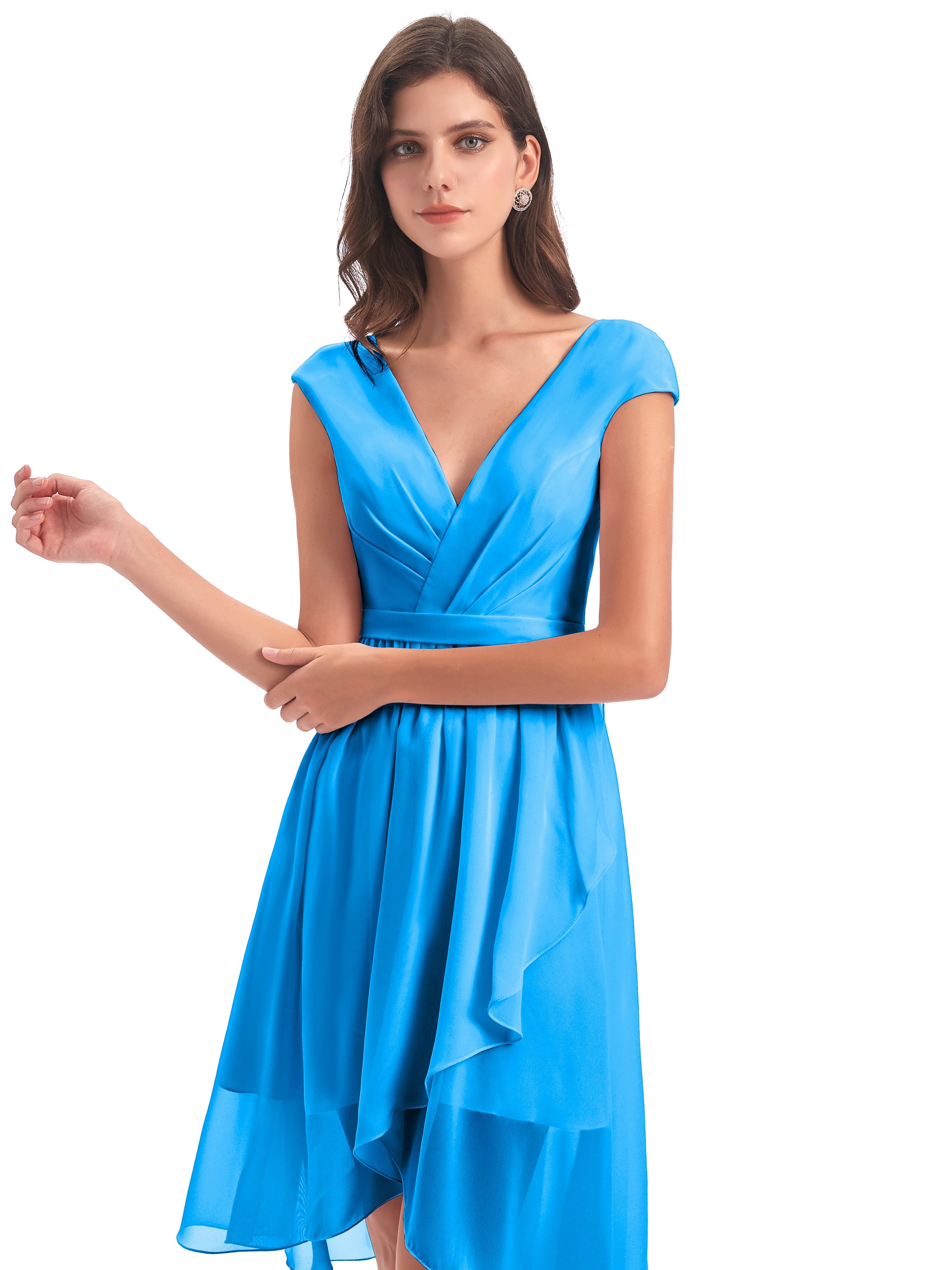 Robes De Demoiselle D'Honneur Bleu Océan Trapèze Longueur Genou Mancherons Robes Demoiselle D'Honneur