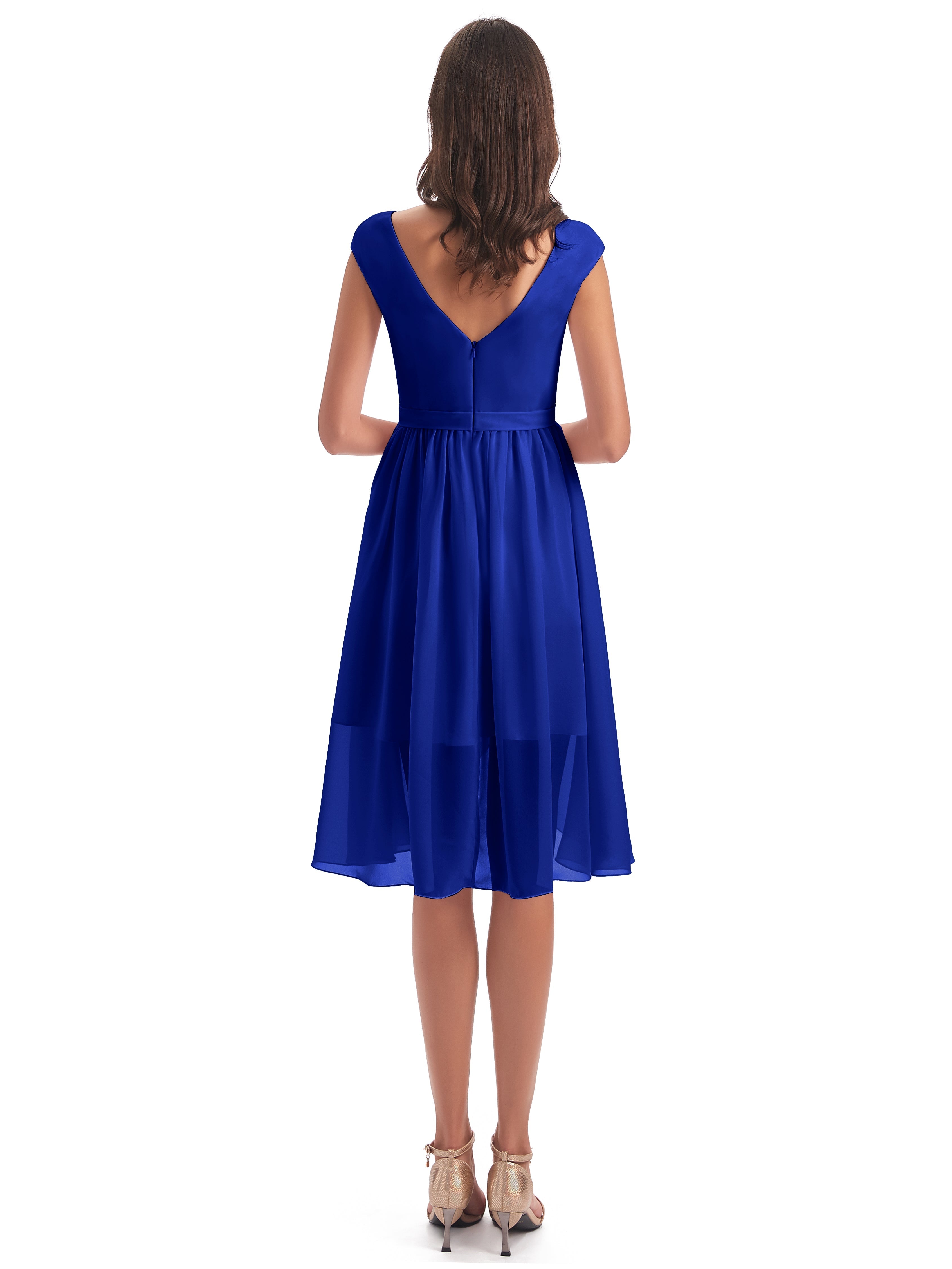 Robes De Demoiselle D'Honneur Bleu Royal Trapèze Longueur Genou Mancherons Robes Demoiselle D'Honneur