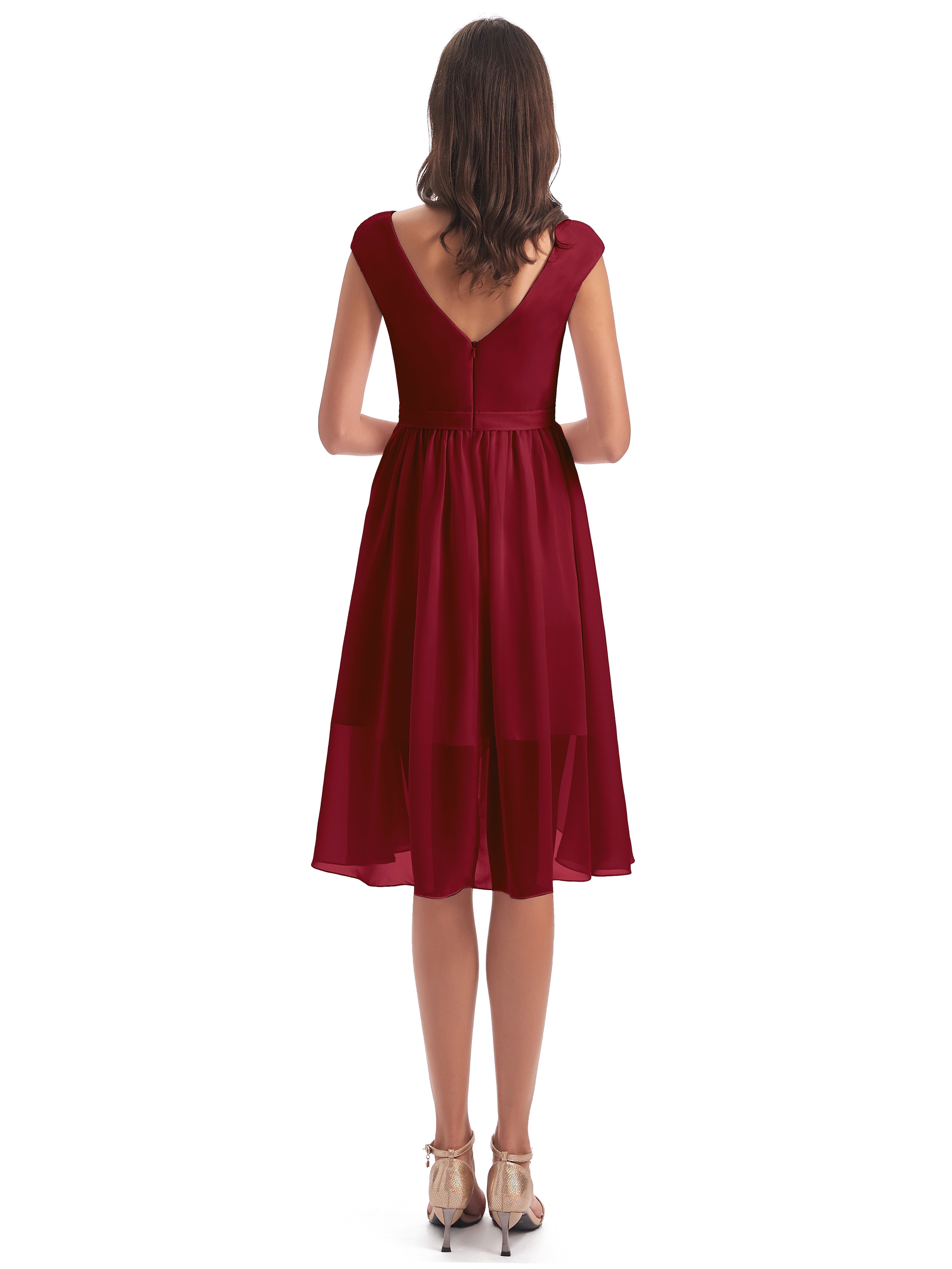 Robes De Demoiselle D'Honneur Rouge Bordeaux Trapèze Longueur Genou Mancherons Robes Demoiselle D'Honneur