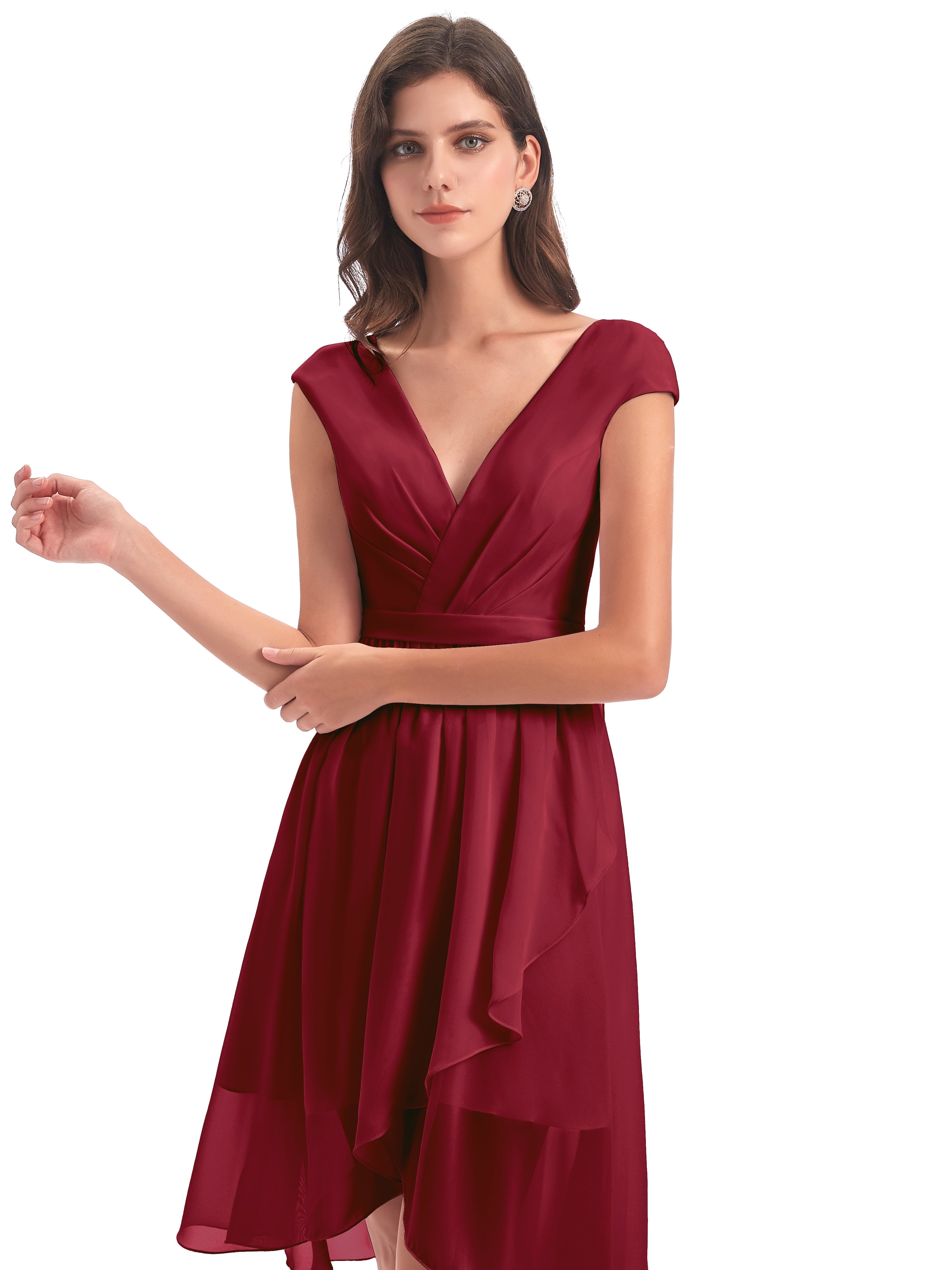 Robes De Demoiselle D'Honneur Rouge Bordeaux Trapèze Longueur Genou Mancherons Robes Demoiselle D'Honneur