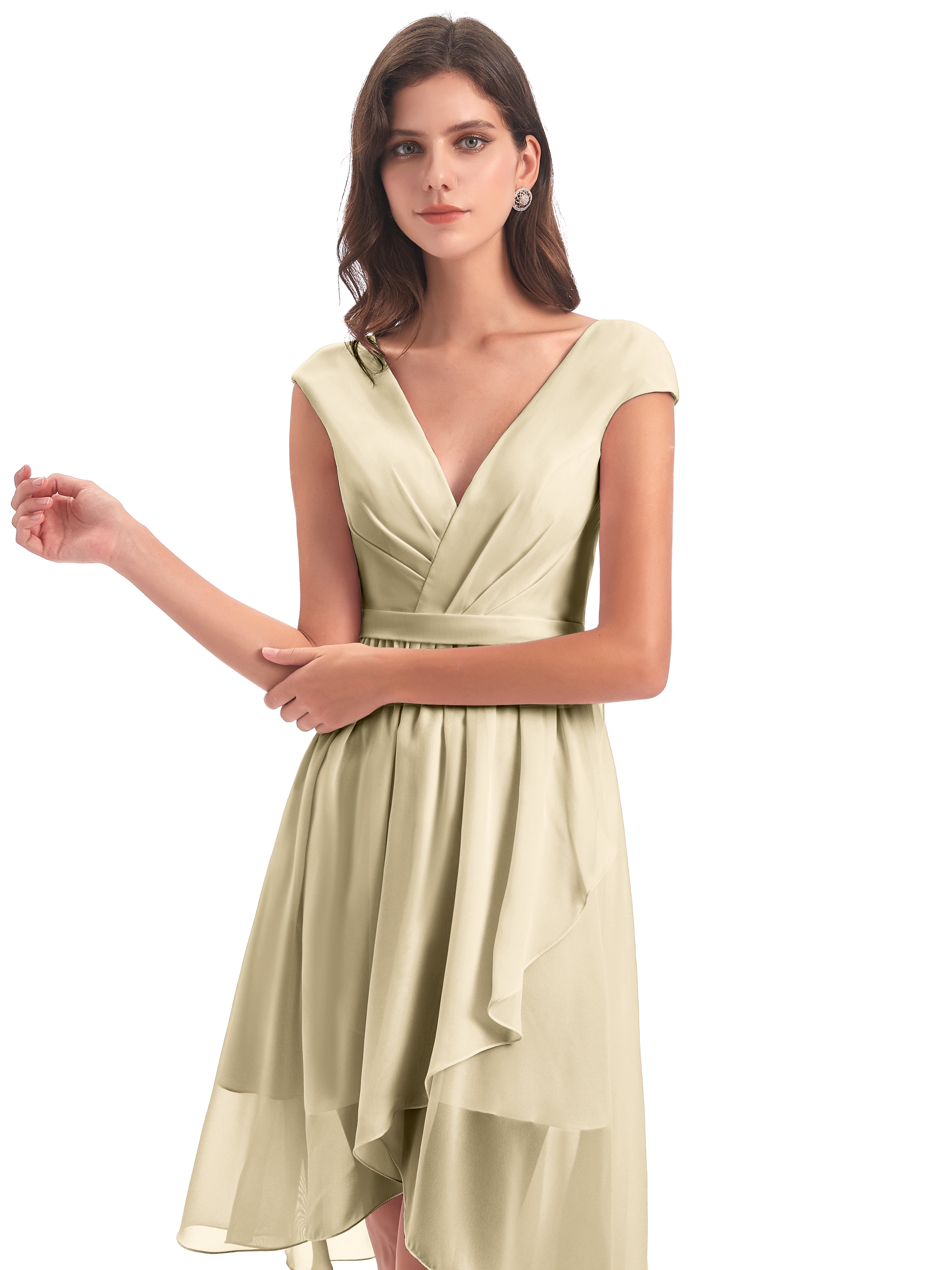Robes De Demoiselle D'Honneur Couleur Champagne Trapèze Longueur Genou Mancherons Robes Demoiselle D'Honneur