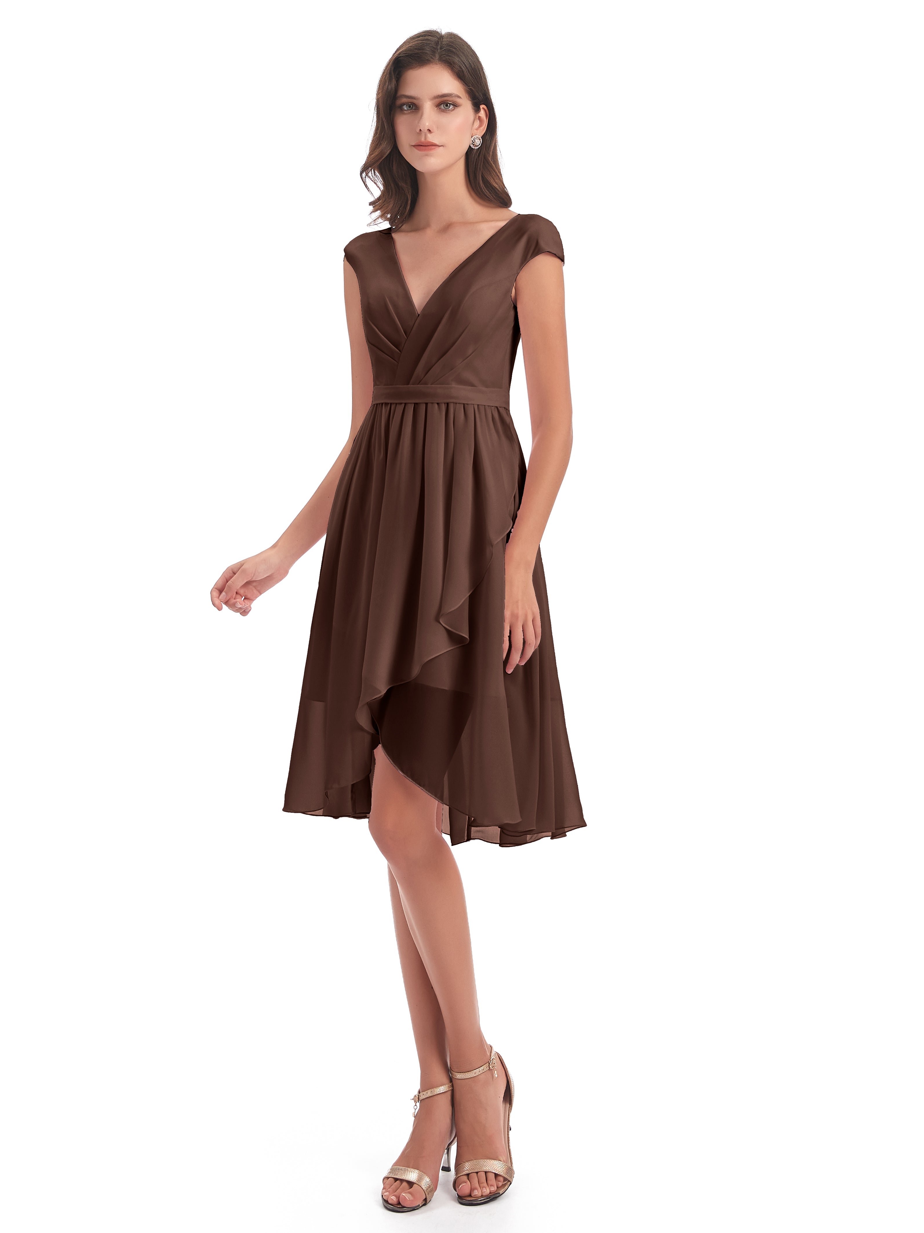 Robe De Demoiselle D Honneur Chocolat Trapèze Longueur Genou Mancherons Robes Demoiselle D'Honneur
