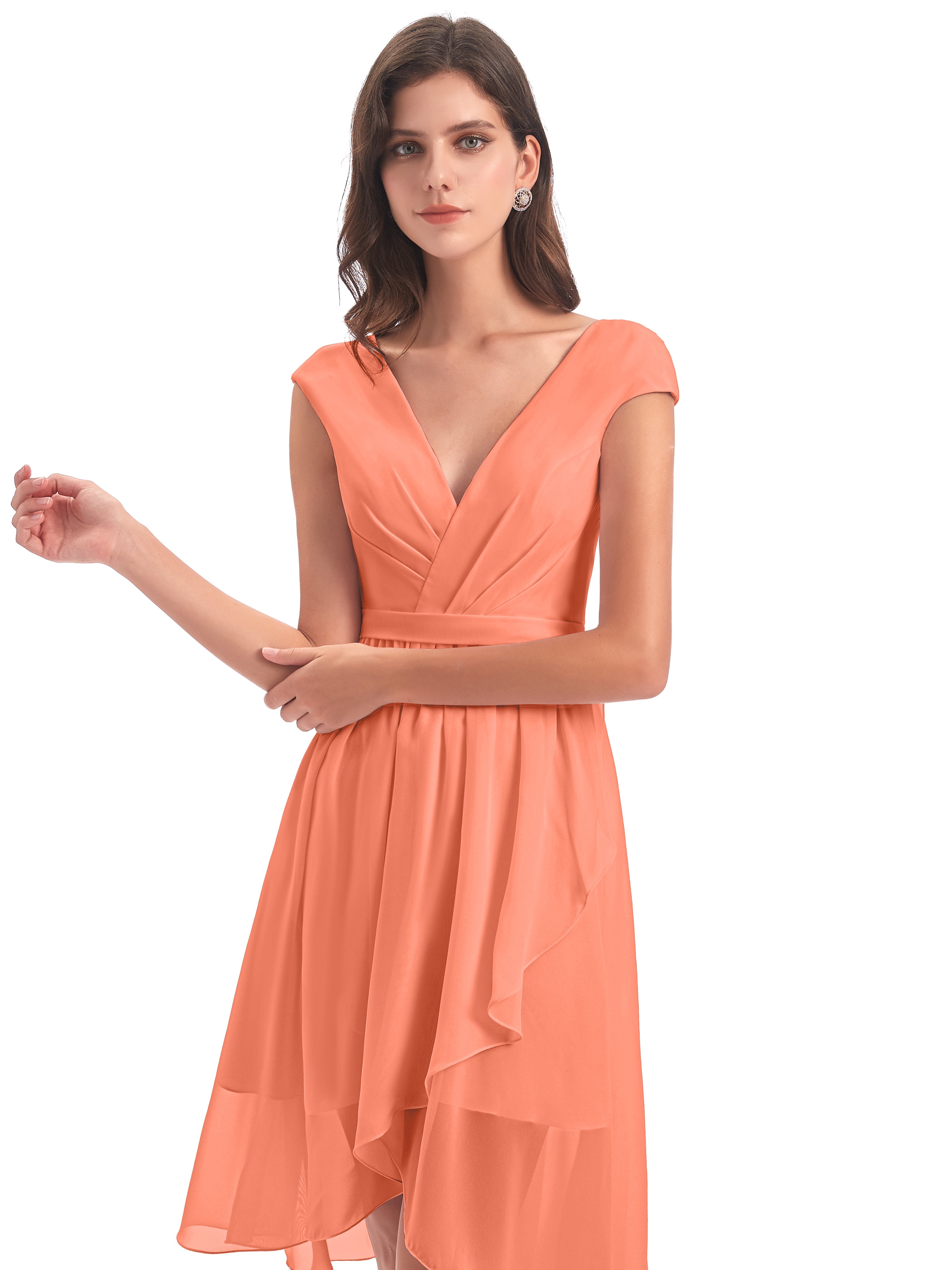 Robes De Demoiselle D'Honneur Coucher De Soleil Trapèze Longueur Genou Mancherons Robes Demoiselle D'Honneur