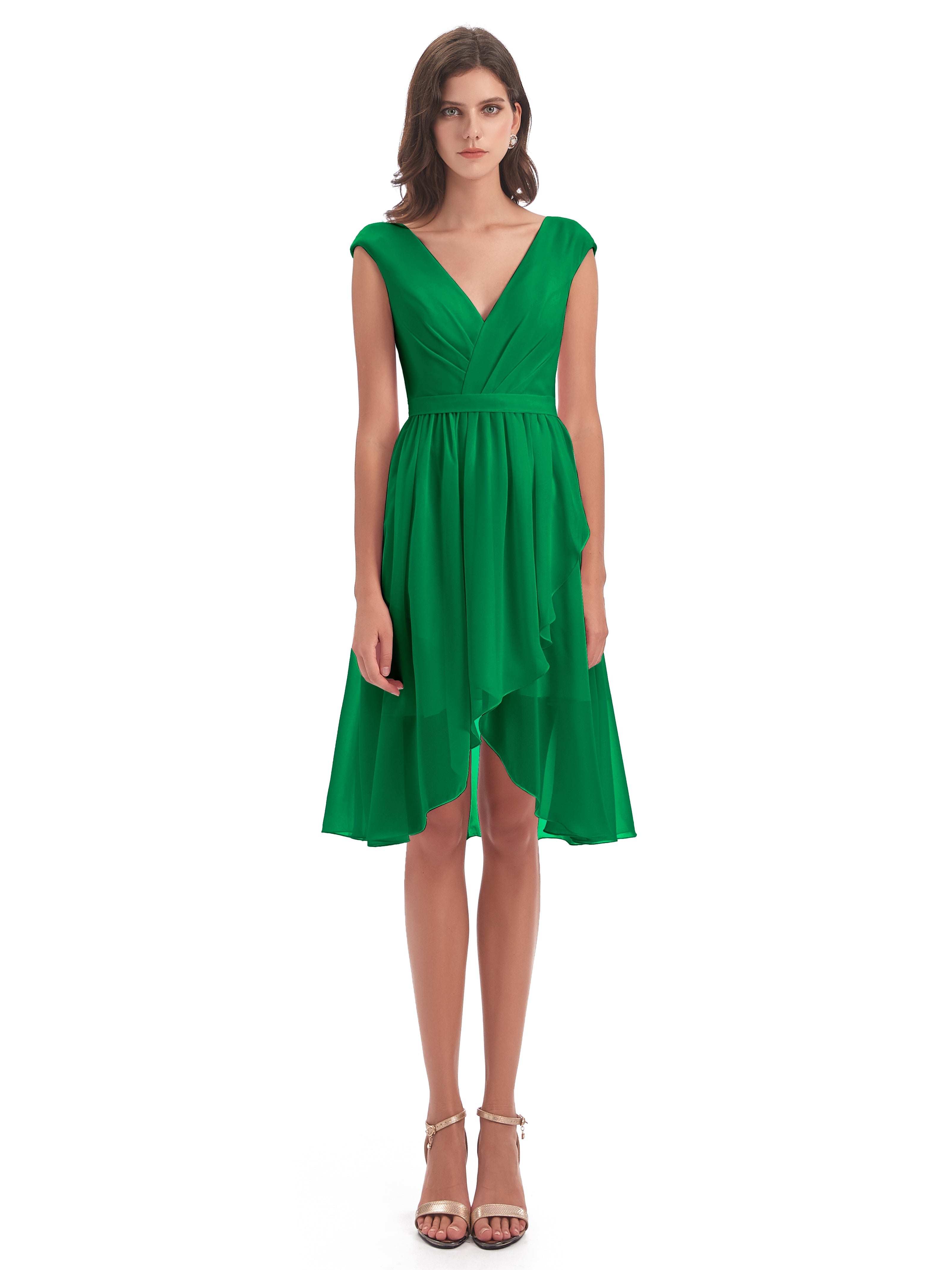 Robe Demoiselle D Honneur Vert Emeraude Trapèze Longueur Genou Mancherons Robes Demoiselle D'Honneur