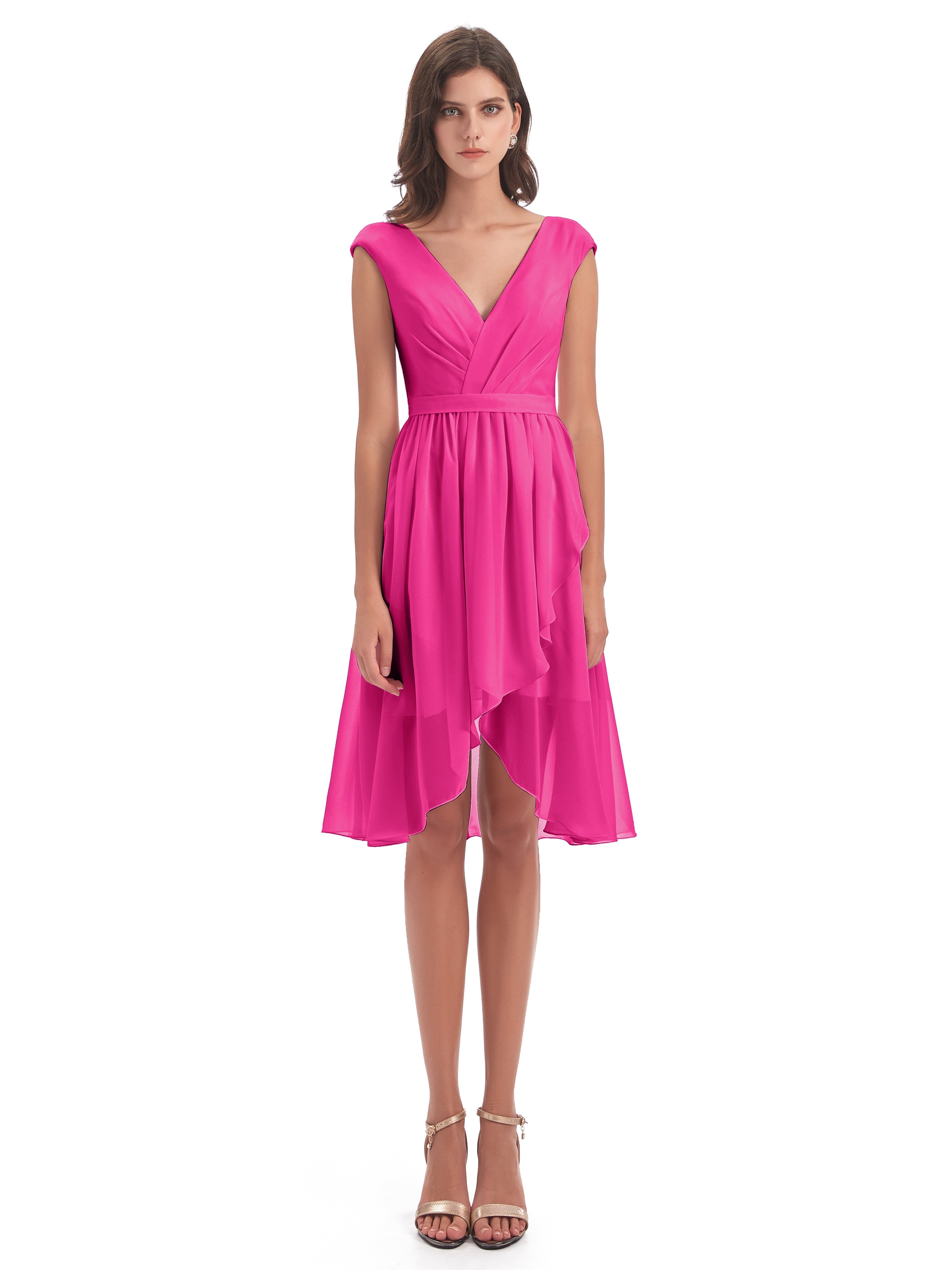 Robe De Demoiselle D Honneur Fuchsia Trapèze Longueur Genou Mancherons Robes Demoiselle D'Honneur