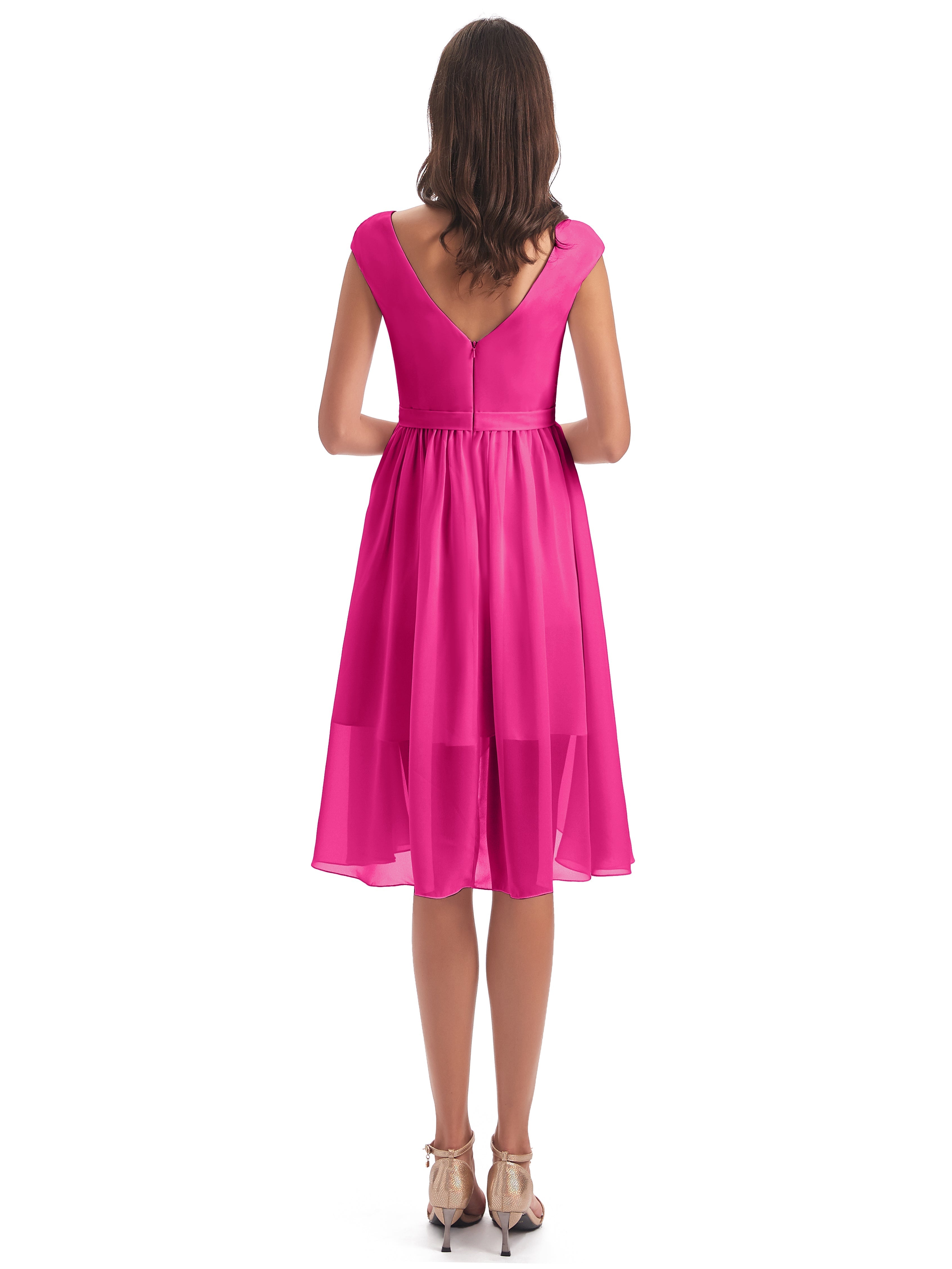 Robe De Demoiselle D Honneur Fuchsia Trapèze Longueur Genou Mancherons Robes Demoiselle D'Honneur