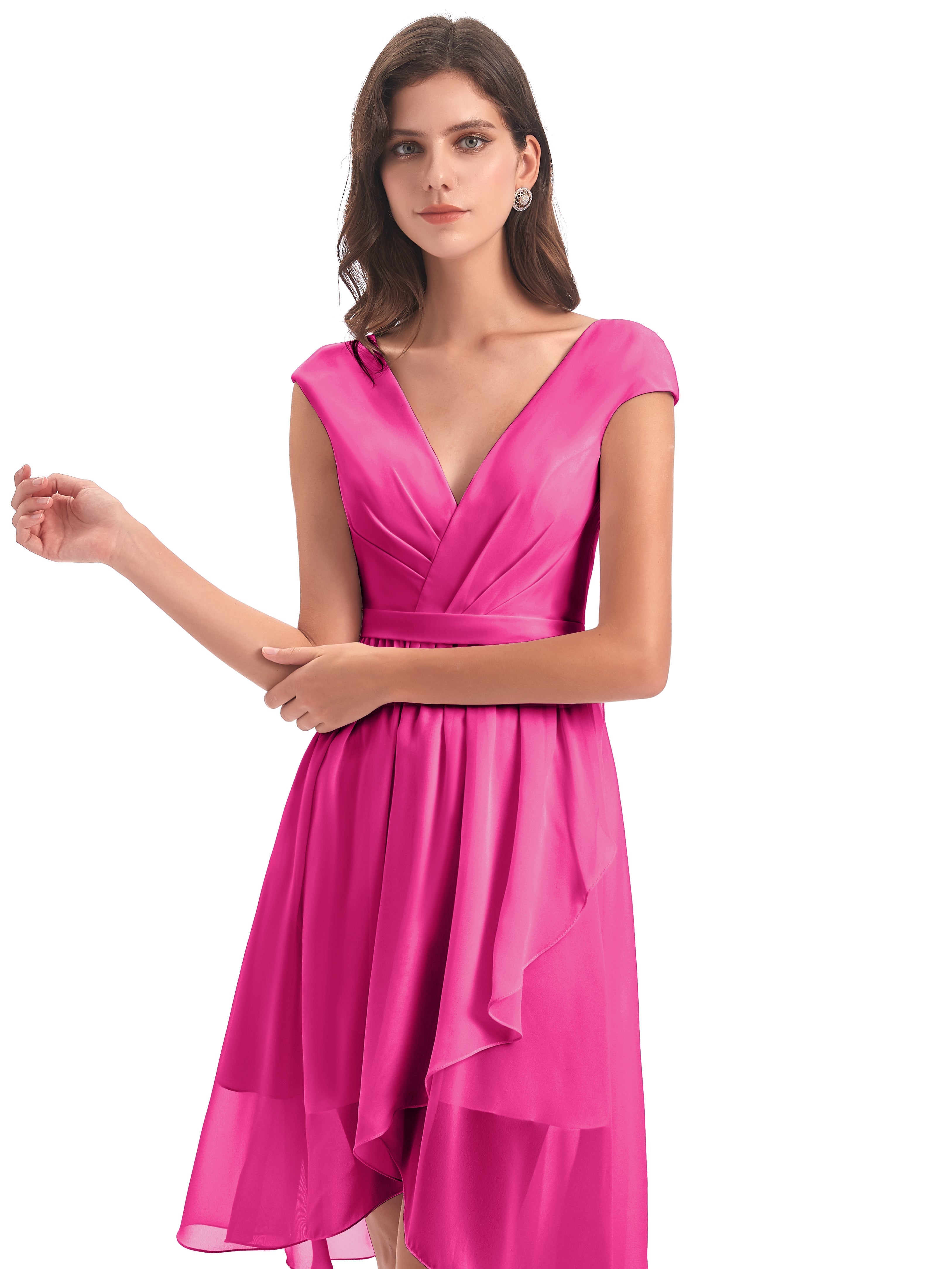 Robe De Demoiselle D Honneur Fuchsia Trapèze Longueur Genou Mancherons Robes Demoiselle D'Honneur