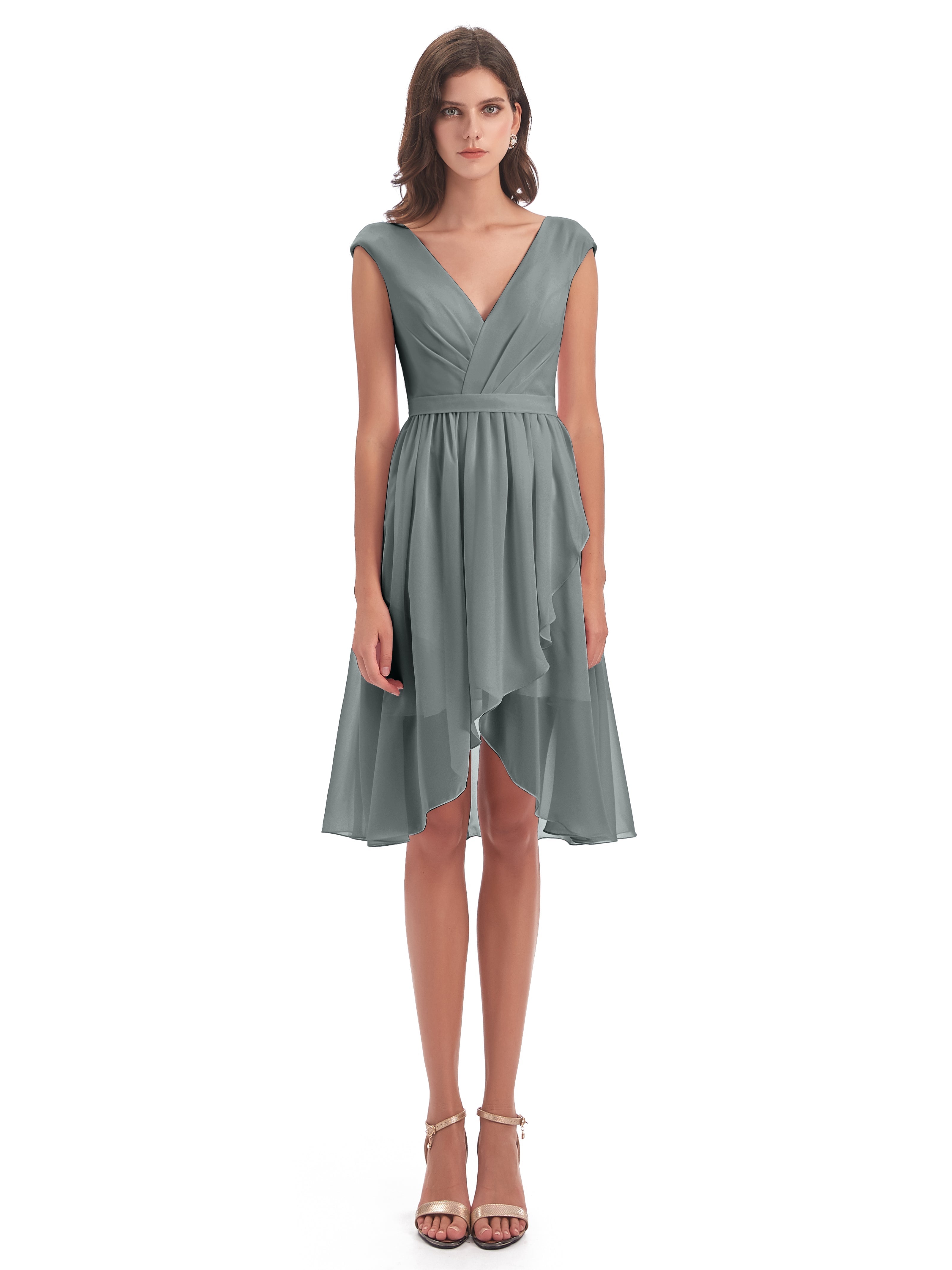 Demoiselle D Honneur Gris Trapèze Longueur Genou Mancherons Robes Demoiselle D'Honneur