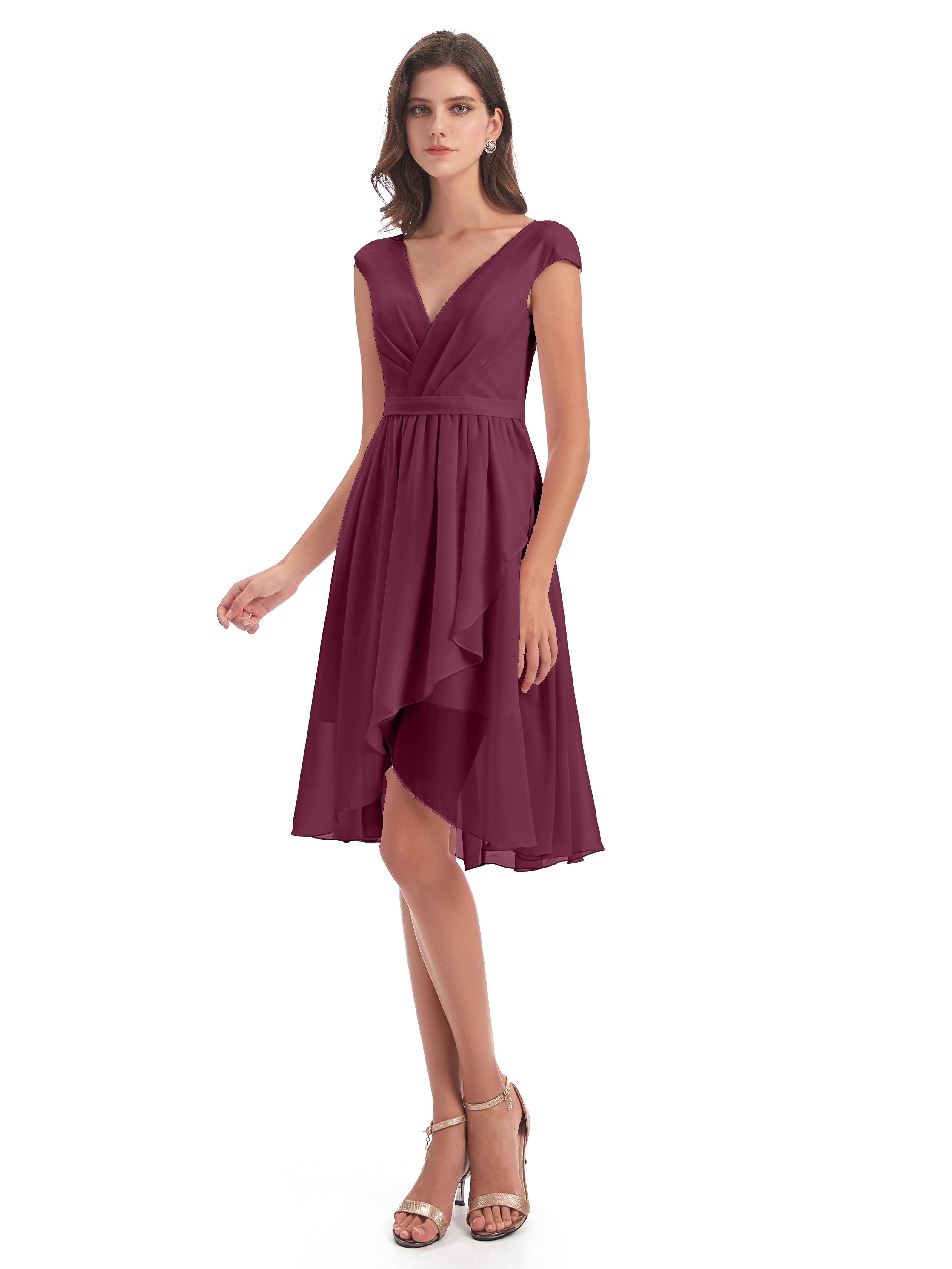 Robes De Demoiselle D'Honneur Mûre Trapèze Longueur Genou Mancherons Robes Demoiselle D'Honneur