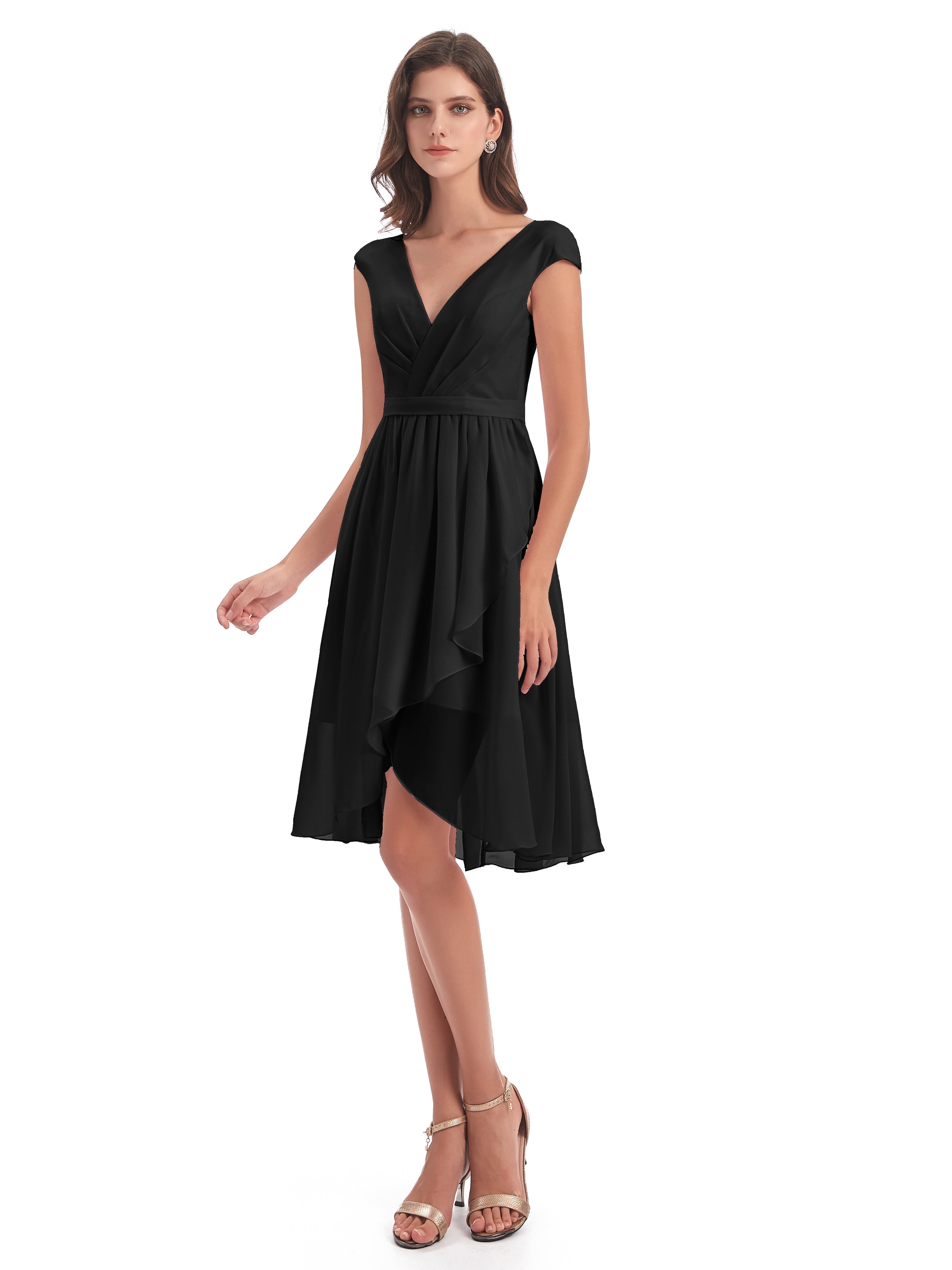 Robes De Demoiselle D'Honneur Noires Trapèze Longueur Genou Mancherons Robes Demoiselle D'Honneur