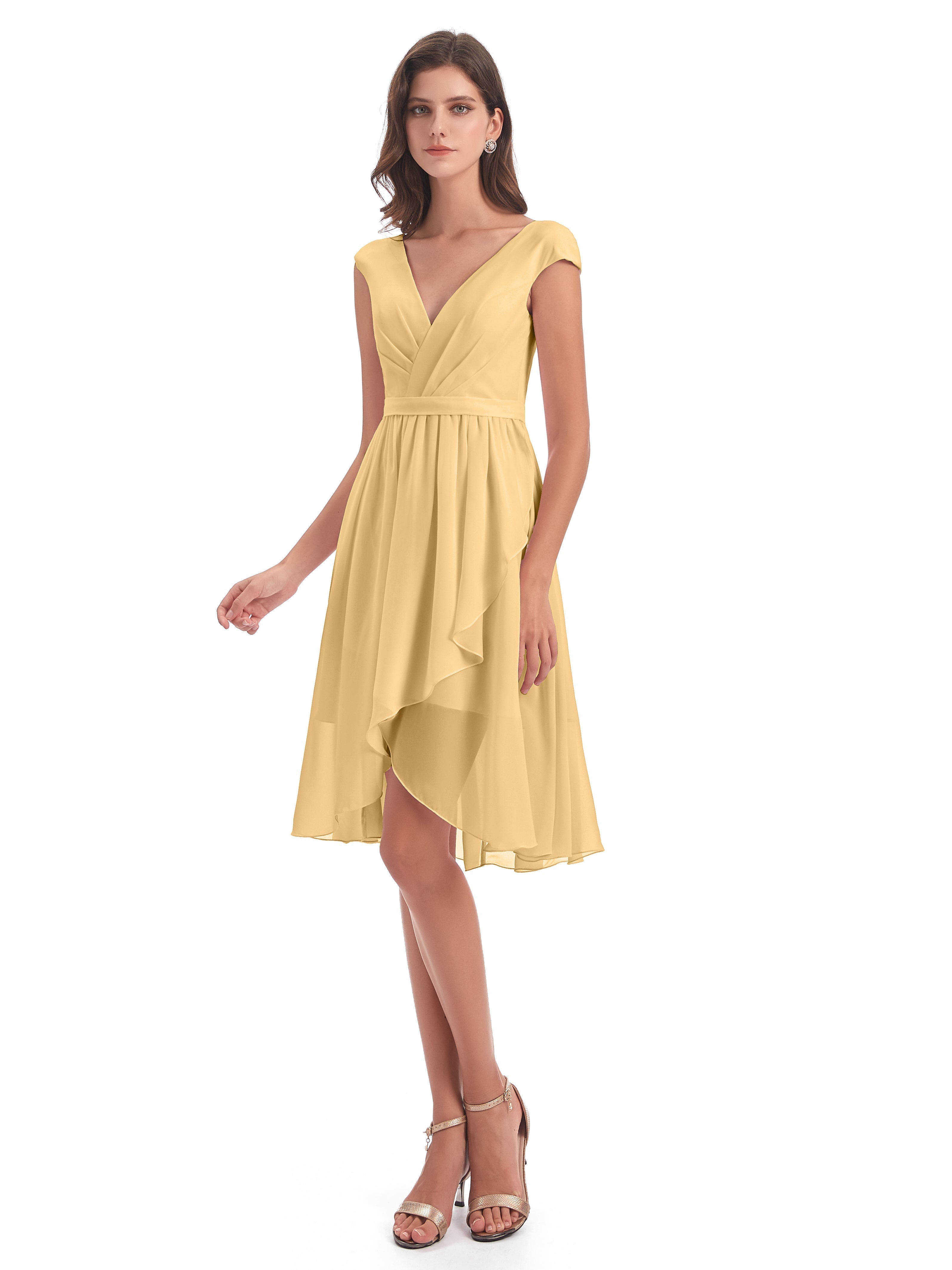 Demoiselle Robe Dorée Mariage Trapèze Longueur Genou Mancherons Robes Demoiselle D'Honneur