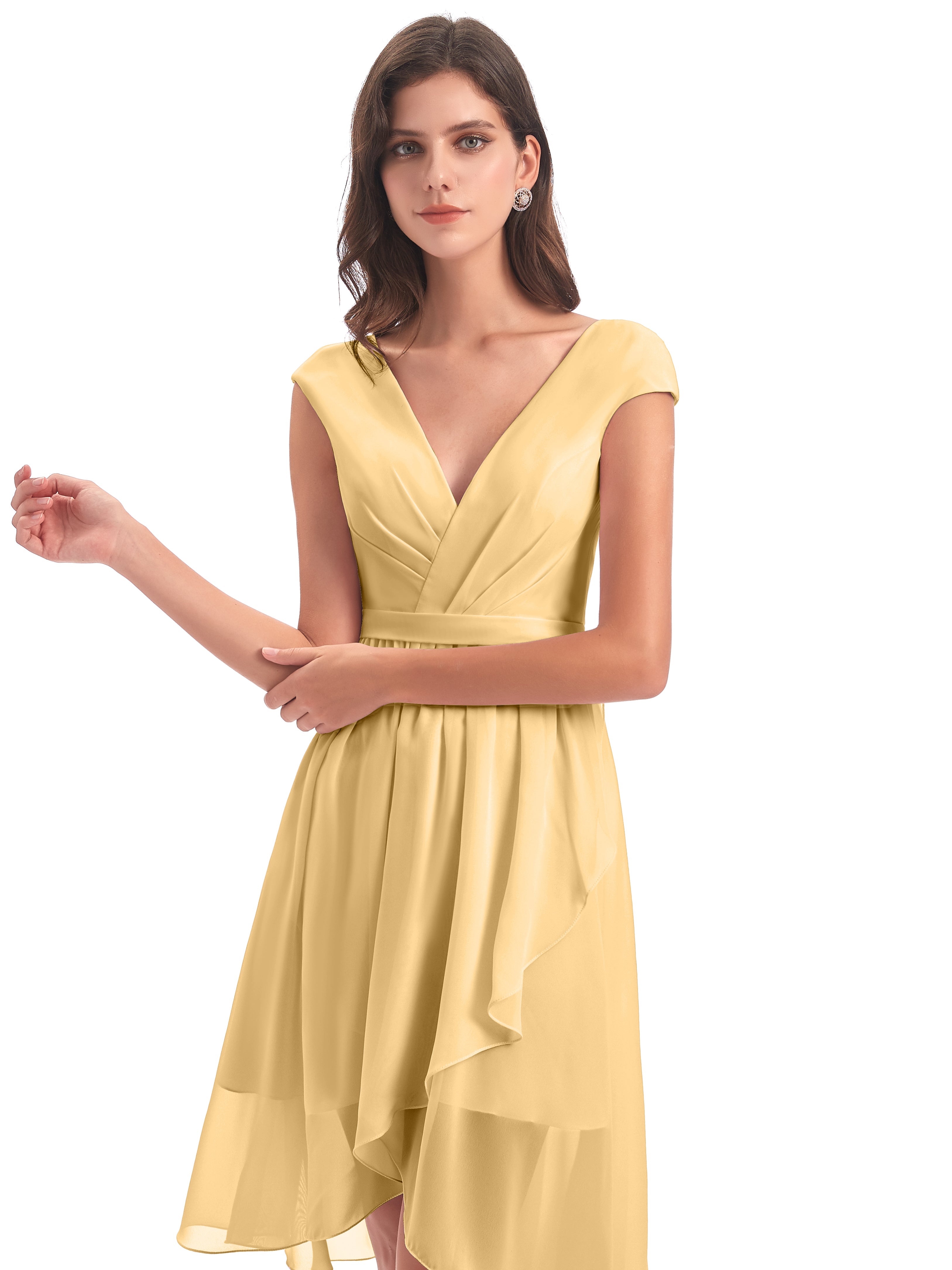 Demoiselle Robe Dorée Mariage Trapèze Longueur Genou Mancherons Robes Demoiselle D'Honneur