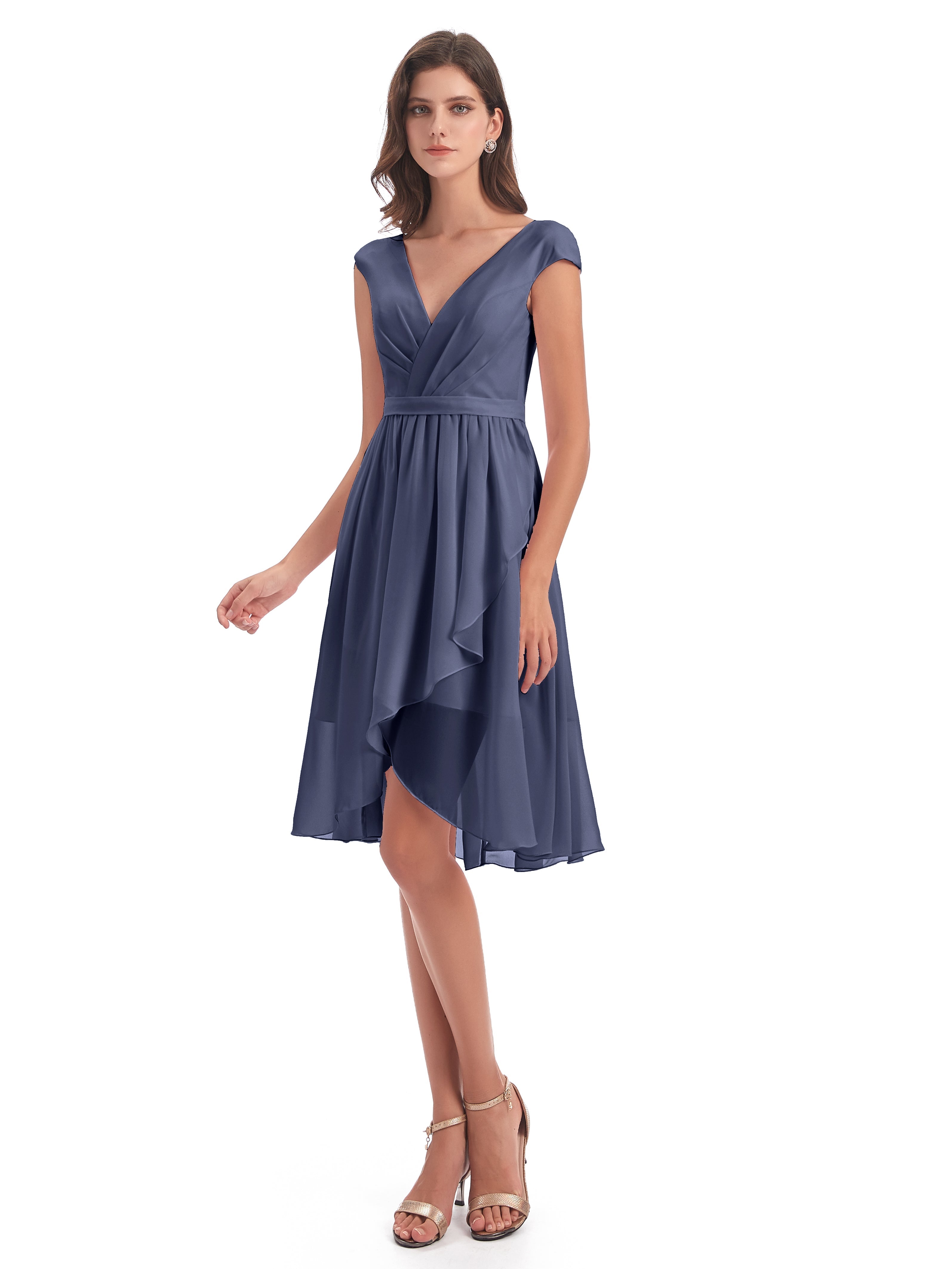 Robes De Demoiselle D'Honneur Bleu Orageux Trapèze Longueur Genou Mancherons Robes Demoiselle D'Honneur