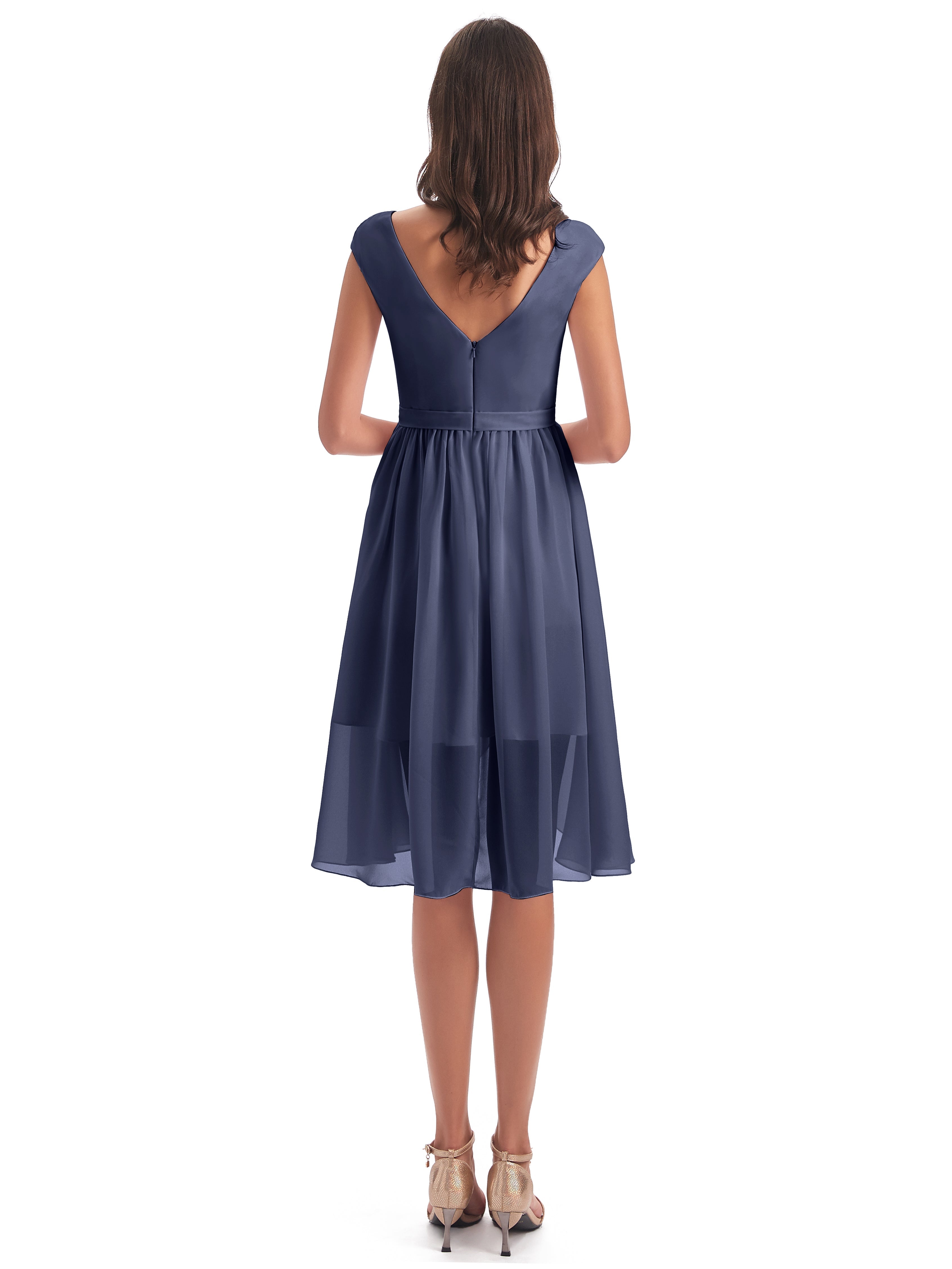 Robes De Demoiselle D'Honneur Bleu Orageux Trapèze Longueur Genou Mancherons Robes Demoiselle D'Honneur
