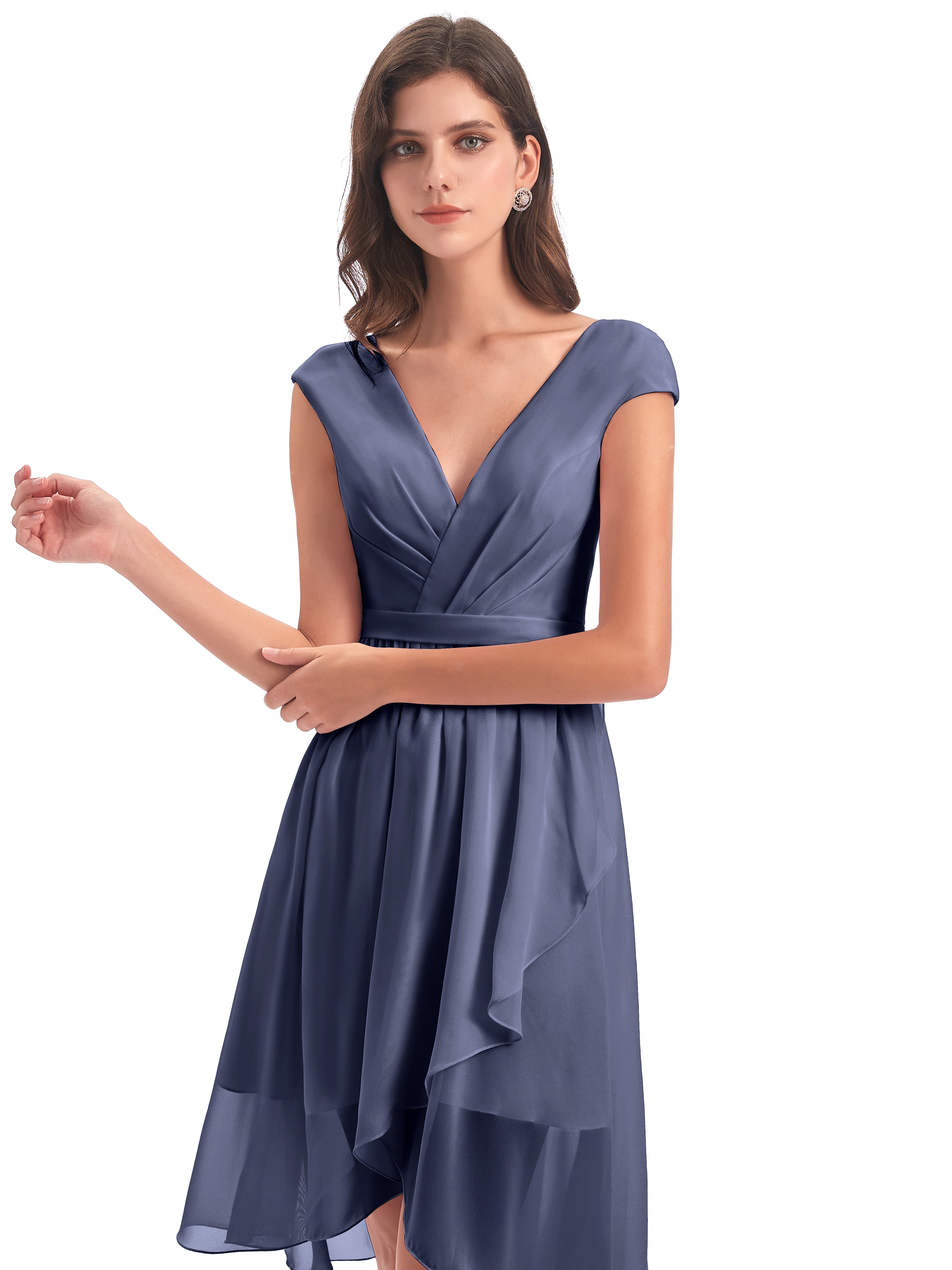 Robes De Demoiselle D'Honneur Bleu Orageux Trapèze Longueur Genou Mancherons Robes Demoiselle D'Honneur
