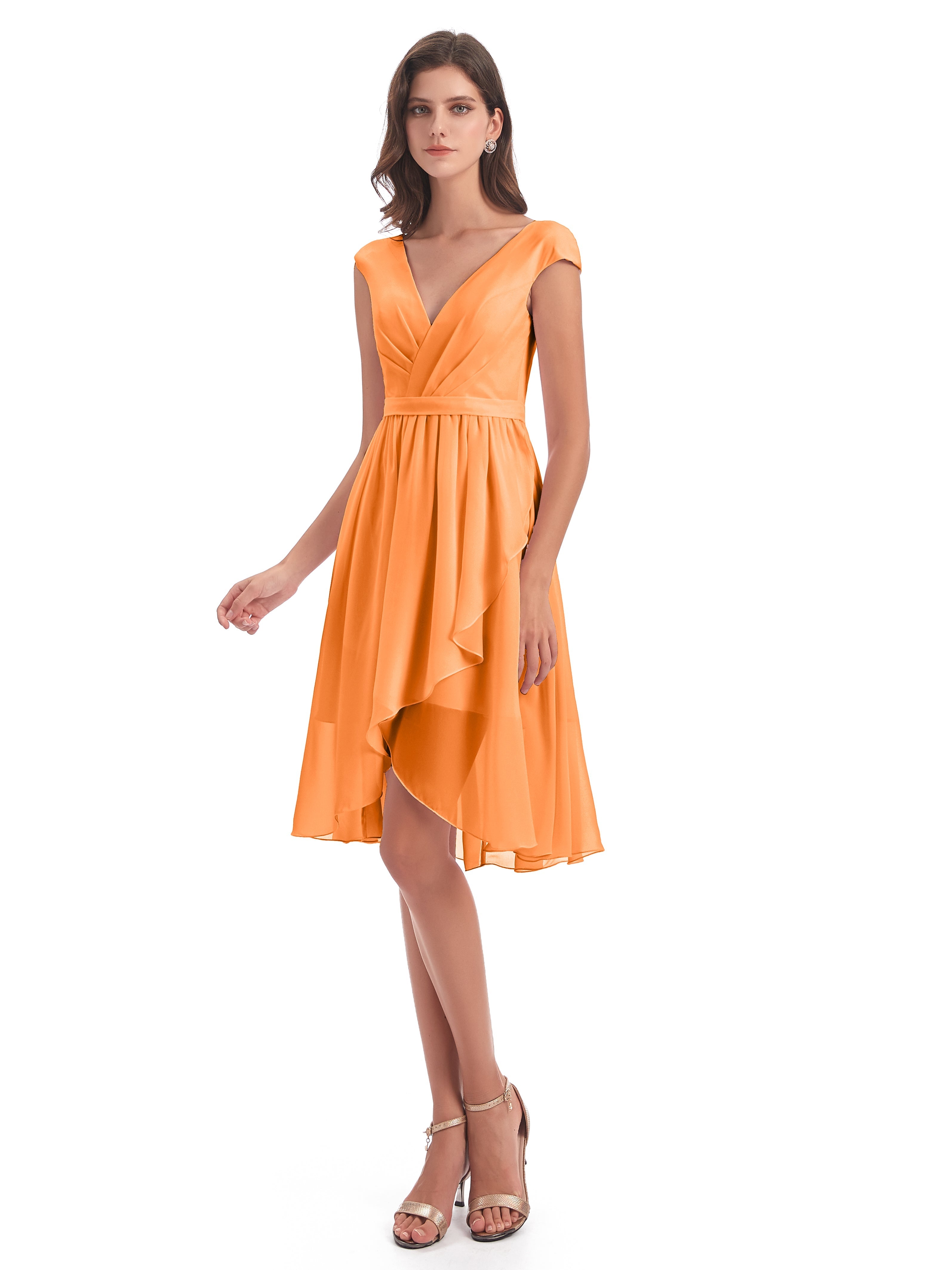 Robes De Demoiselle D'Honneur Orange Trapèze Longueur Genou Mancherons Robes Demoiselle D'Honneur