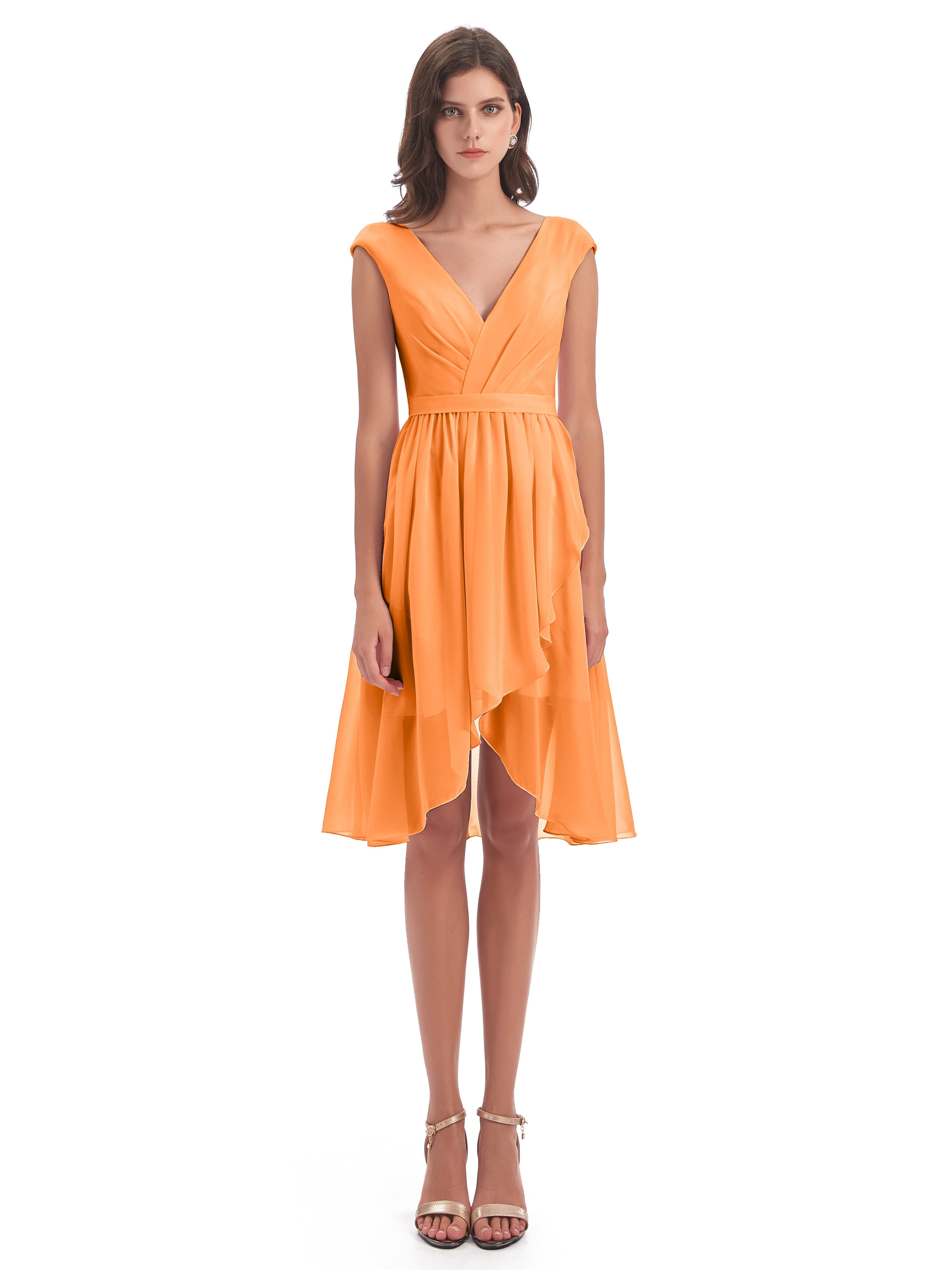Robes De Demoiselle D'Honneur Orange Trapèze Longueur Genou Mancherons Robes Demoiselle D'Honneur