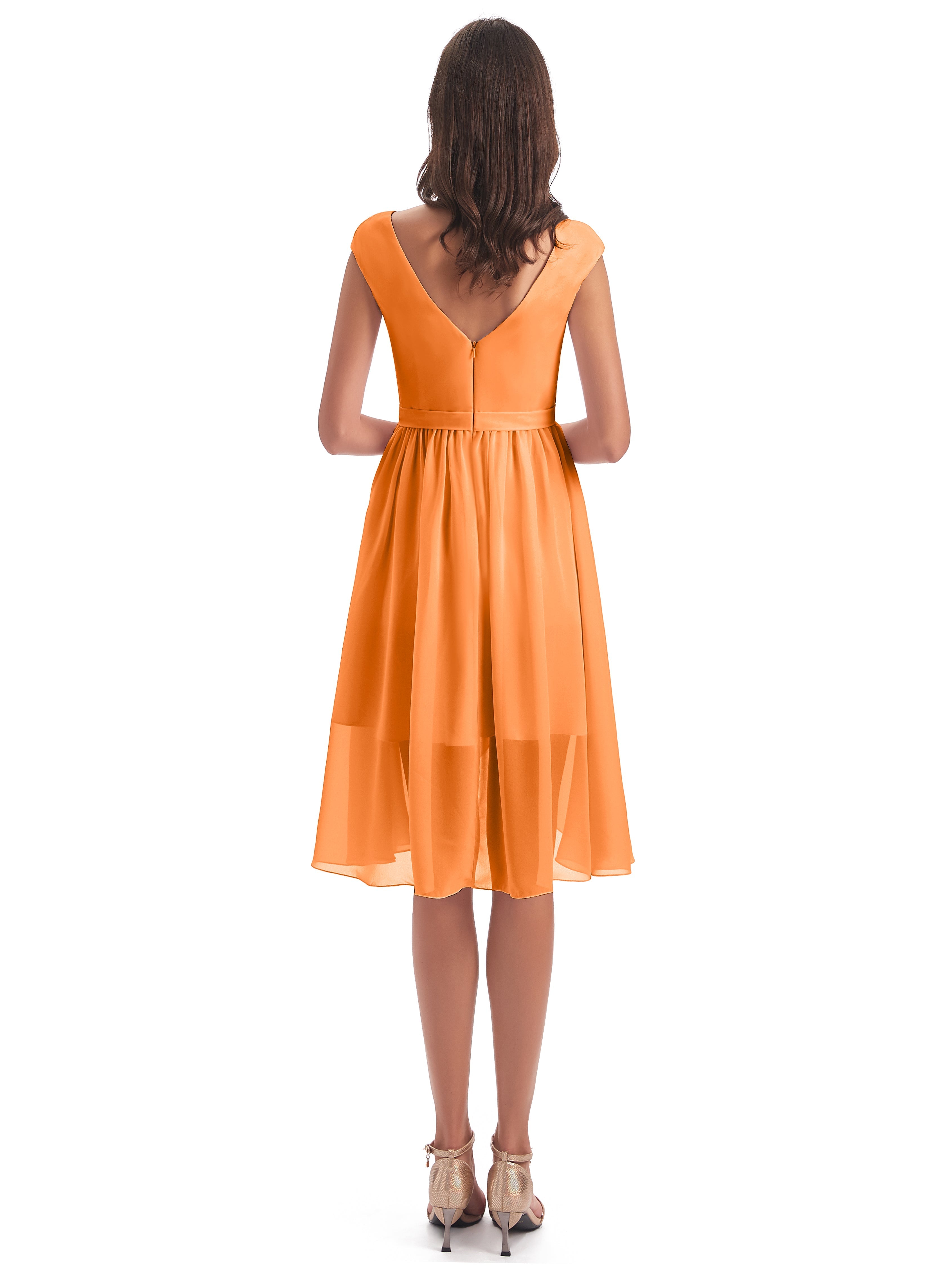 Robes De Demoiselle D'Honneur Orange Trapèze Longueur Genou Mancherons Robes Demoiselle D'Honneur