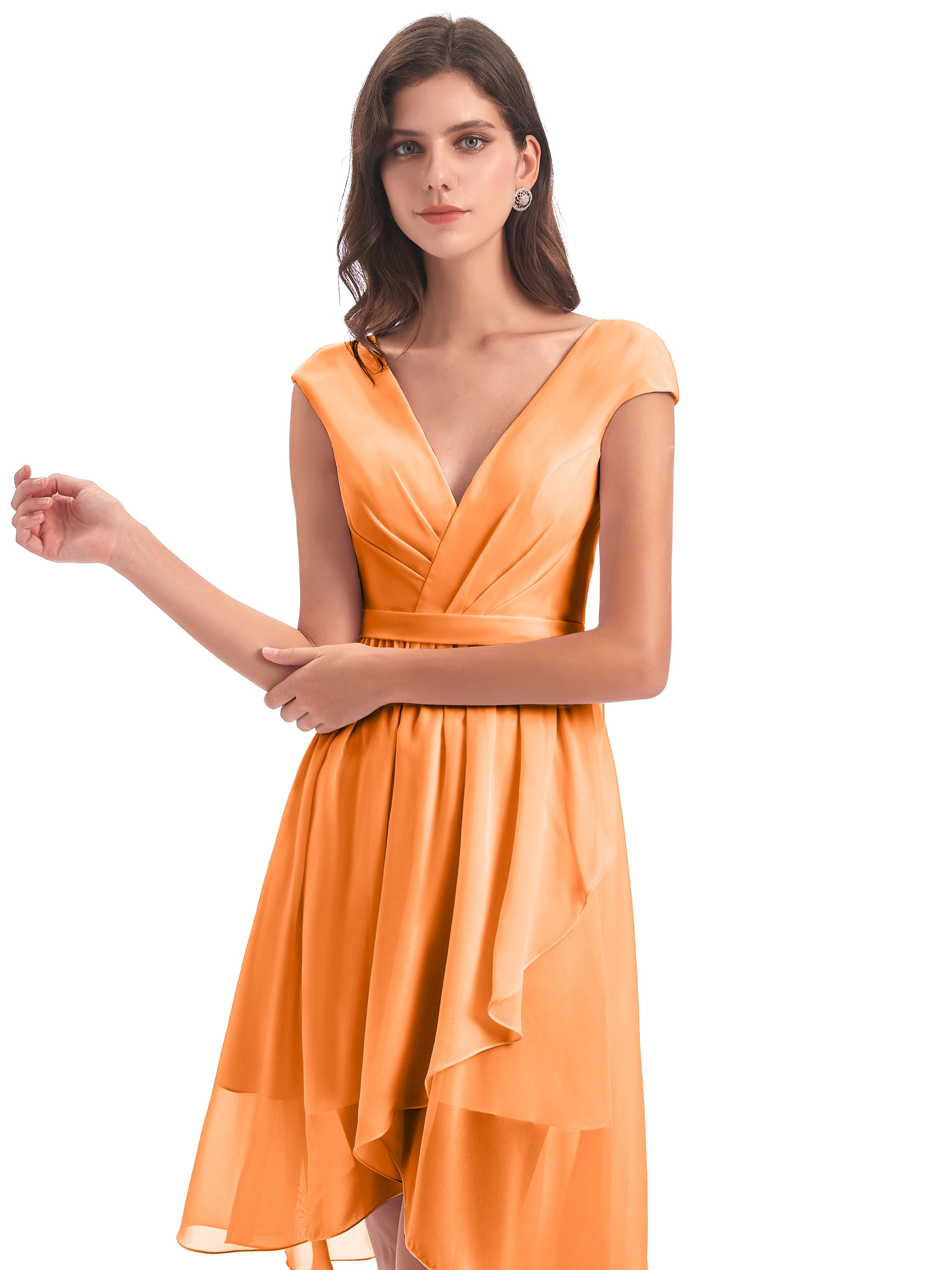 Robes De Demoiselle D'Honneur Orange Trapèze Longueur Genou Mancherons Robes Demoiselle D'Honneur
