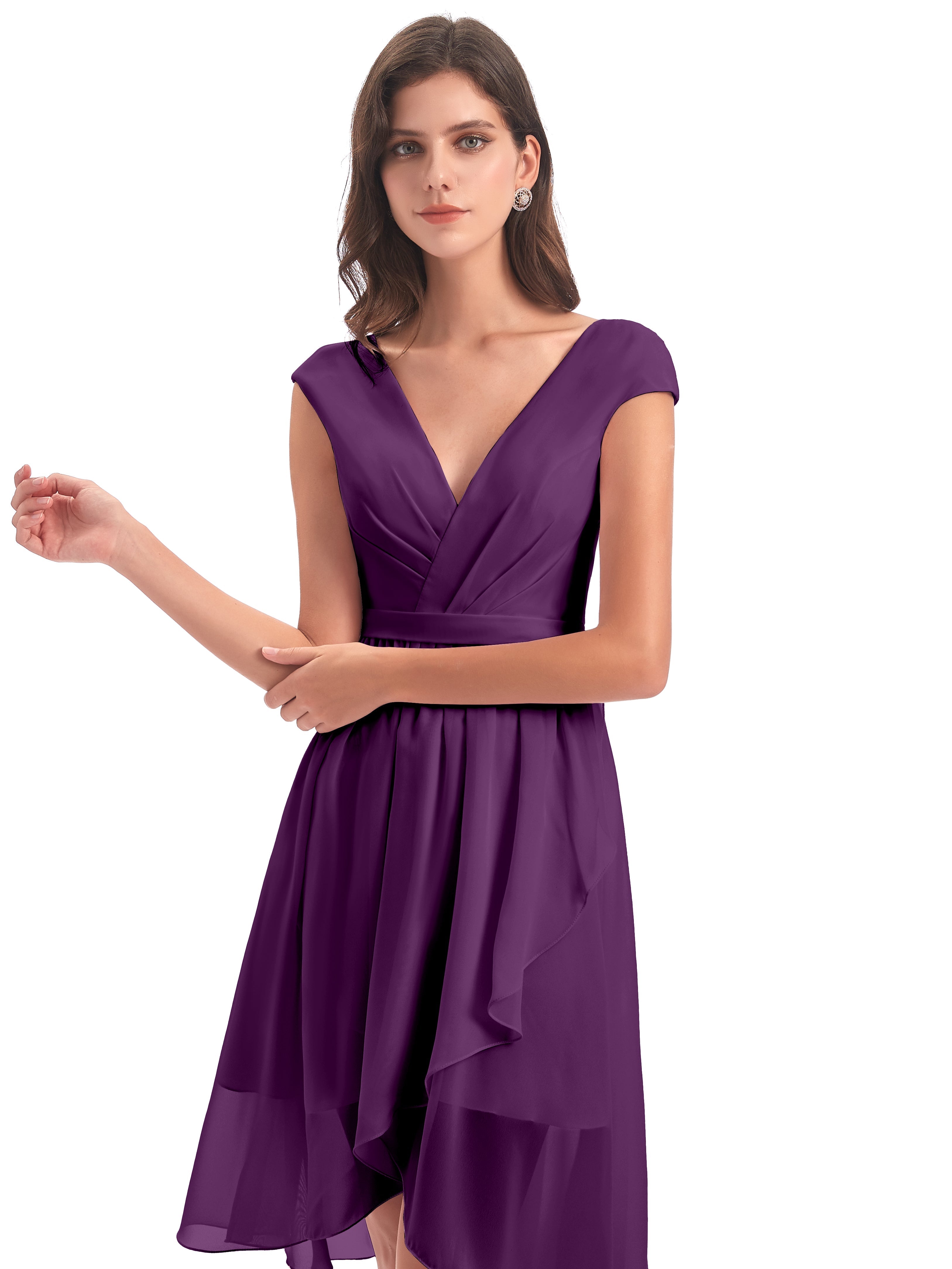 Robes De Demoiselle D'Honneur En Raisin Trapèze Longueur Genou Mancherons Robes Demoiselle D'Honneur