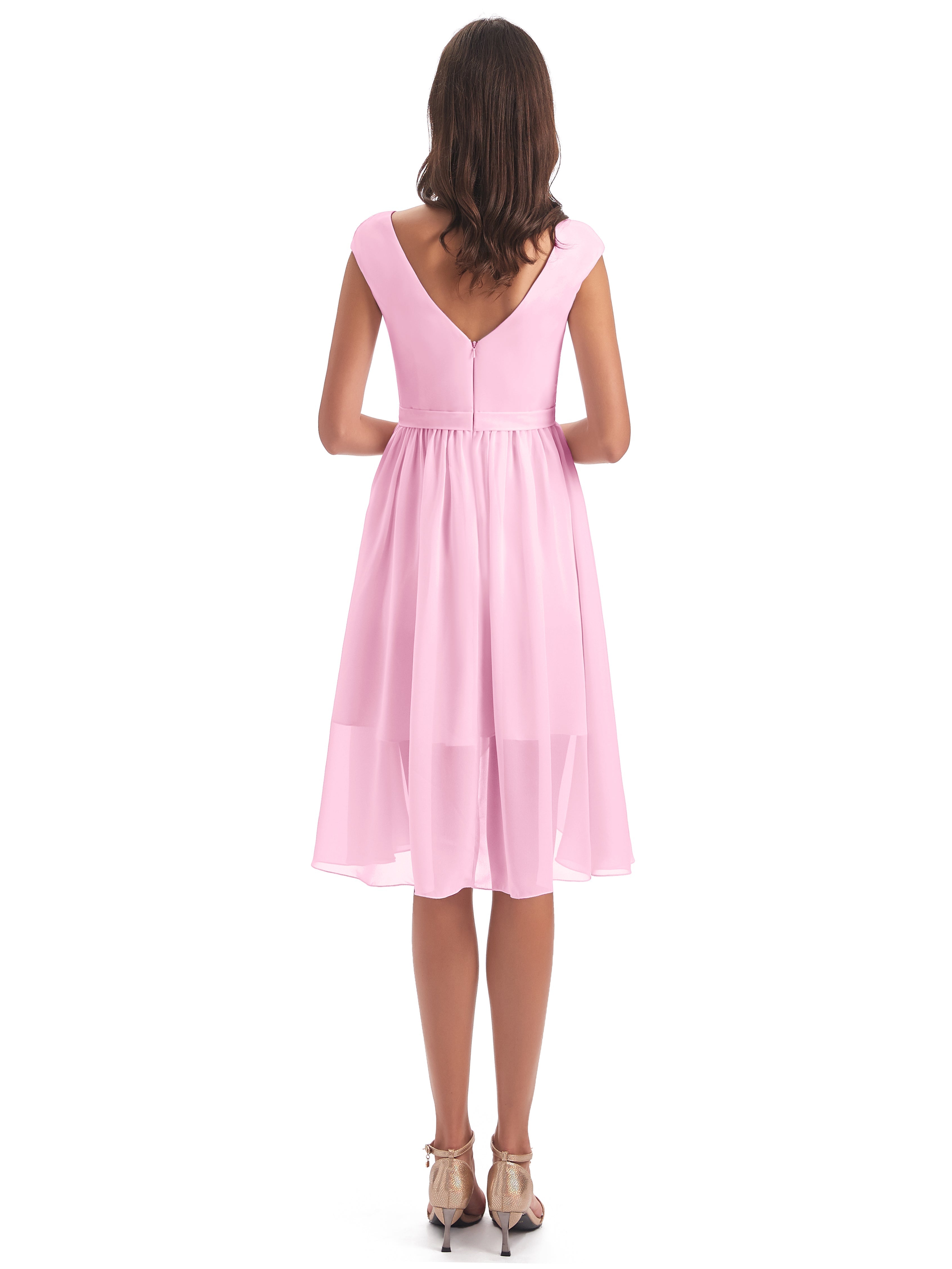 Robe Demoiselle D Honneur Rose Bonbon Trapèze Longueur Genou Mancherons Robes Demoiselle D'Honneur