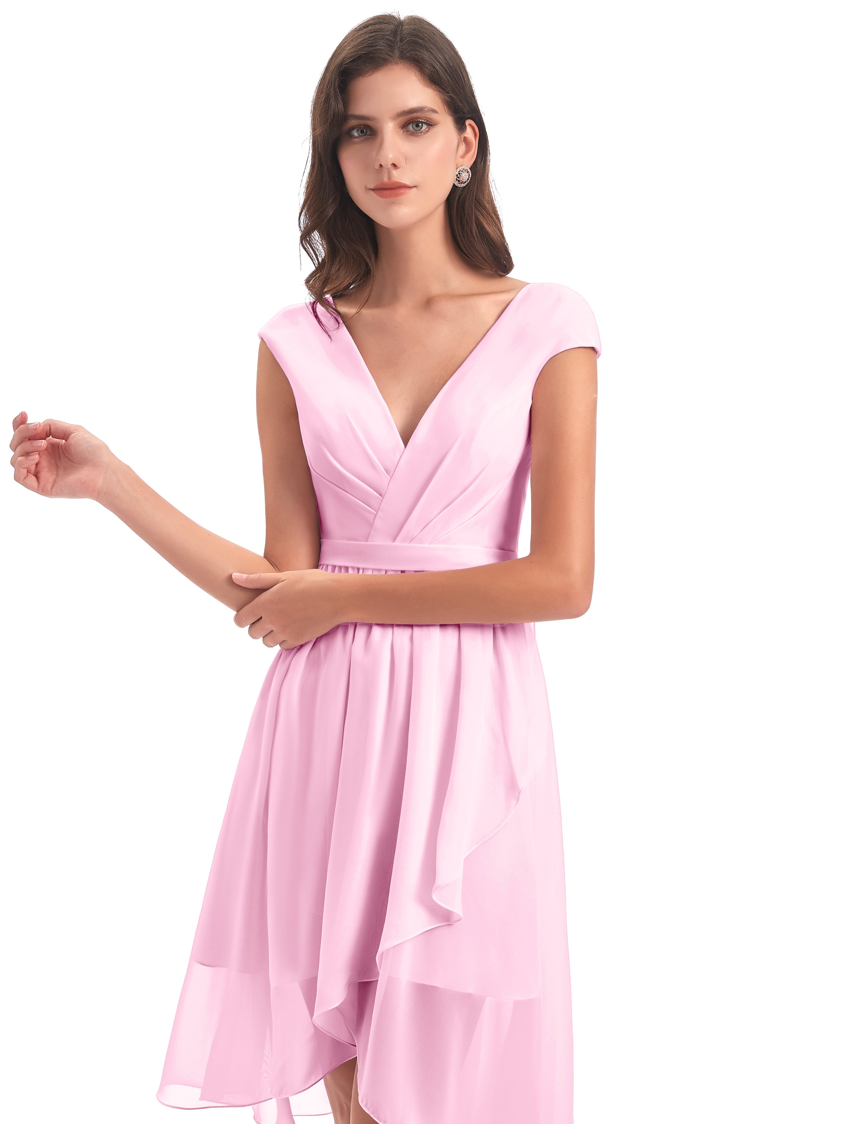 Robe Demoiselle D Honneur Rose Bonbon Trapèze Longueur Genou Mancherons Robes Demoiselle D'Honneur