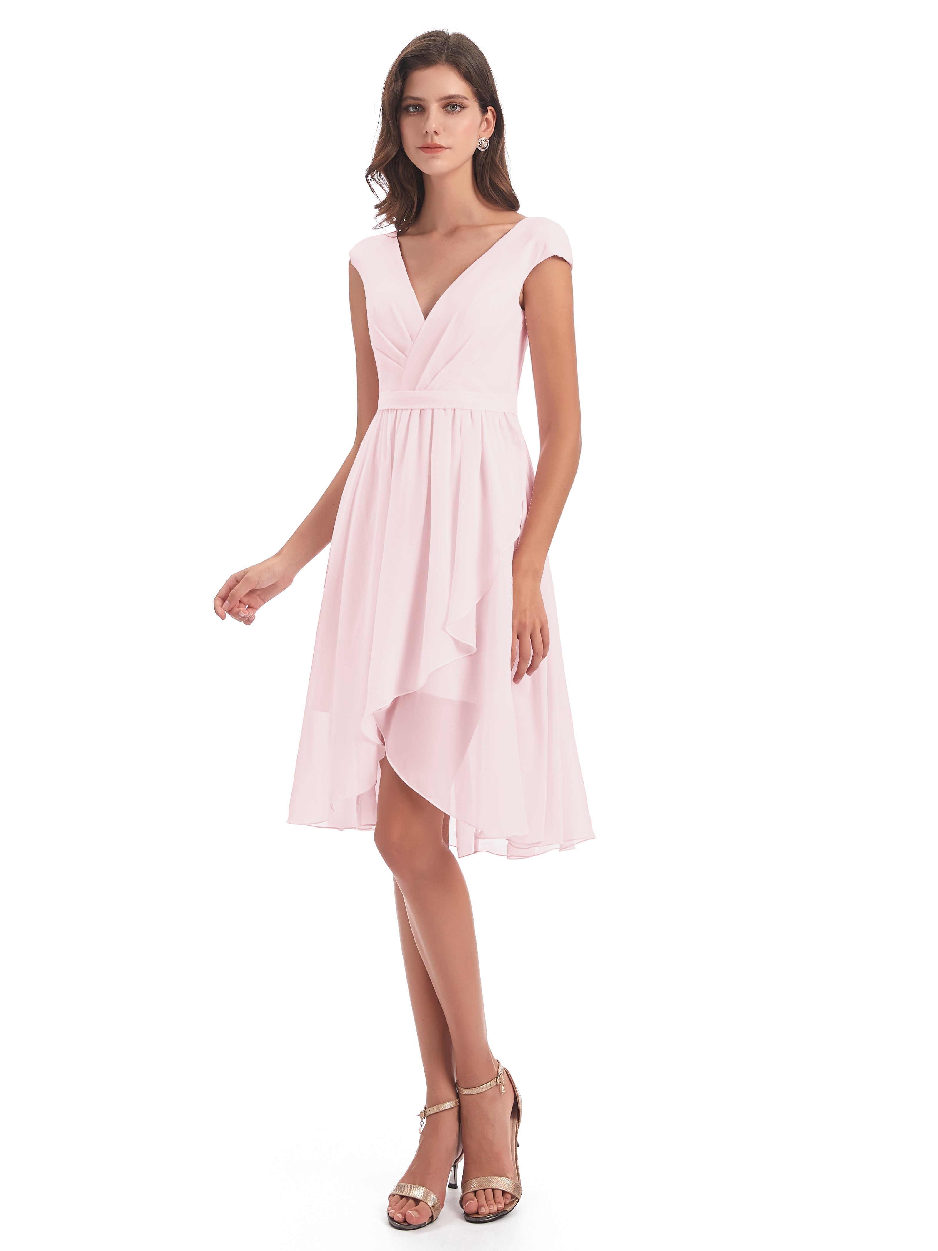 Robe Demoiselle D Honneur Rose Pale Courte Trapèze Longueur Genou Mancherons Robes Demoiselle D'Honneur