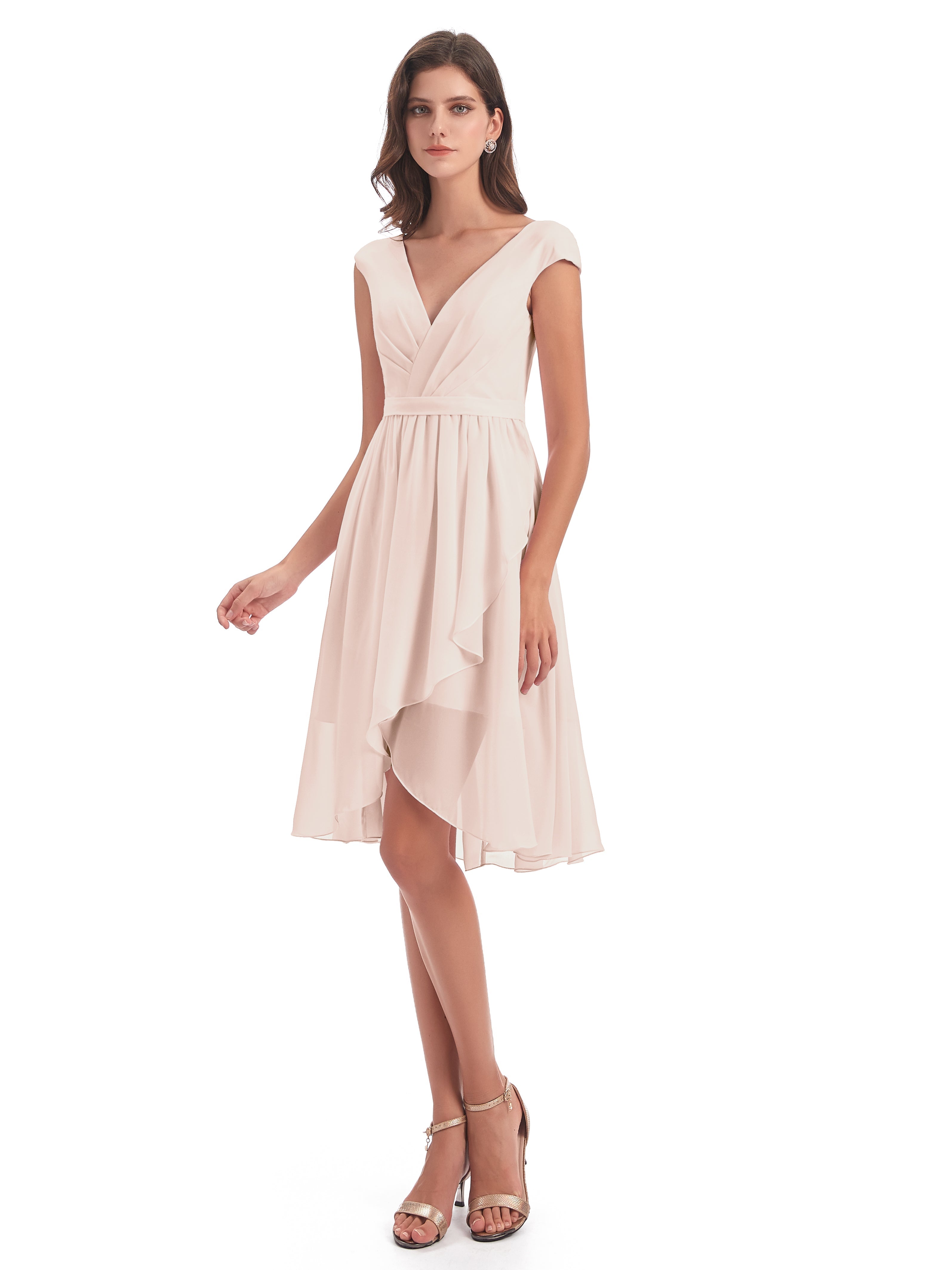 Robe Demoiselle D Honneur Rose Perle Trapèze Longueur Genou Mancherons Robes Demoiselle D'Honneur
