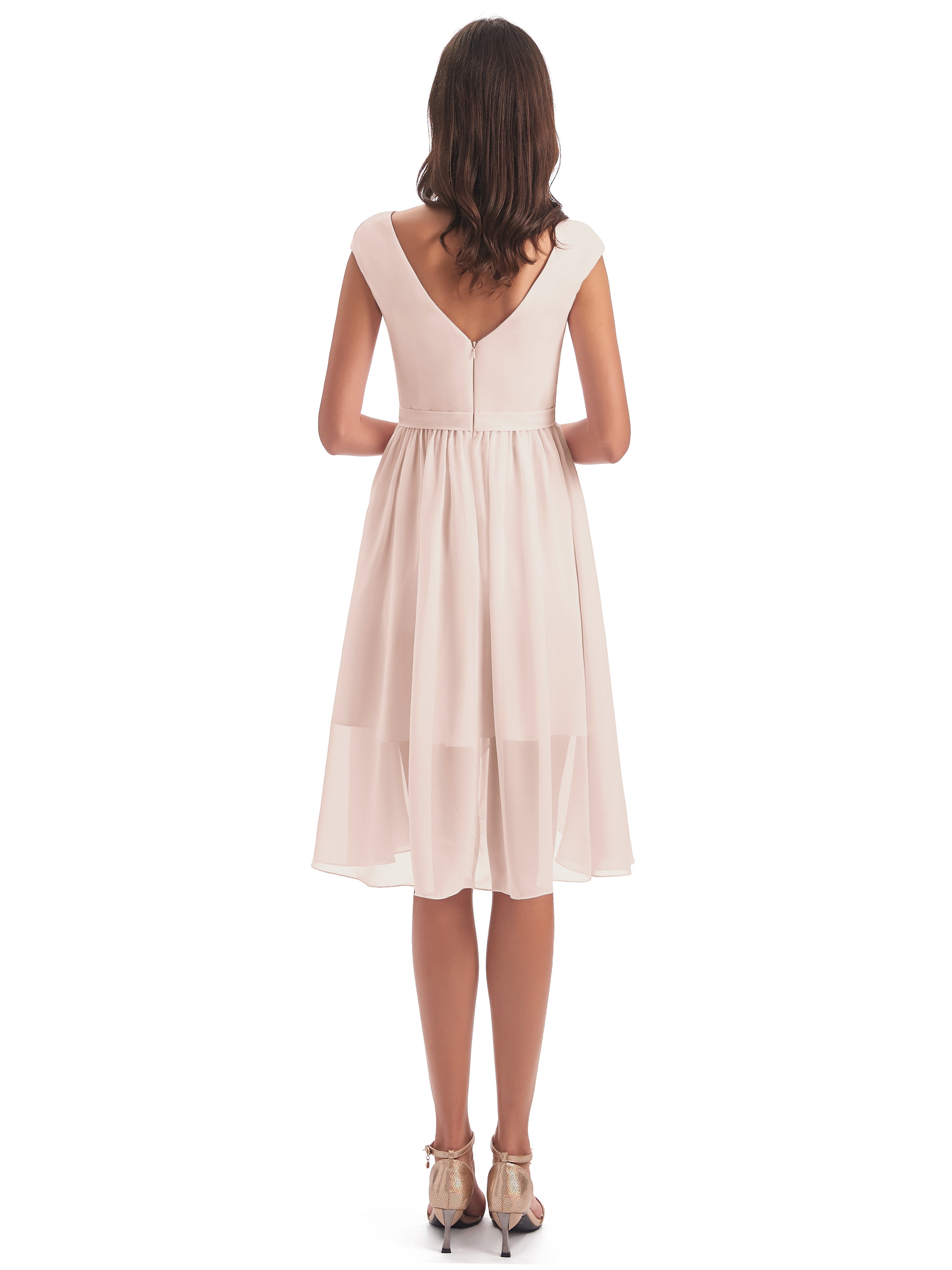 Robe Demoiselle D Honneur Rose Perle Trapèze Longueur Genou Mancherons Robes Demoiselle D'Honneur