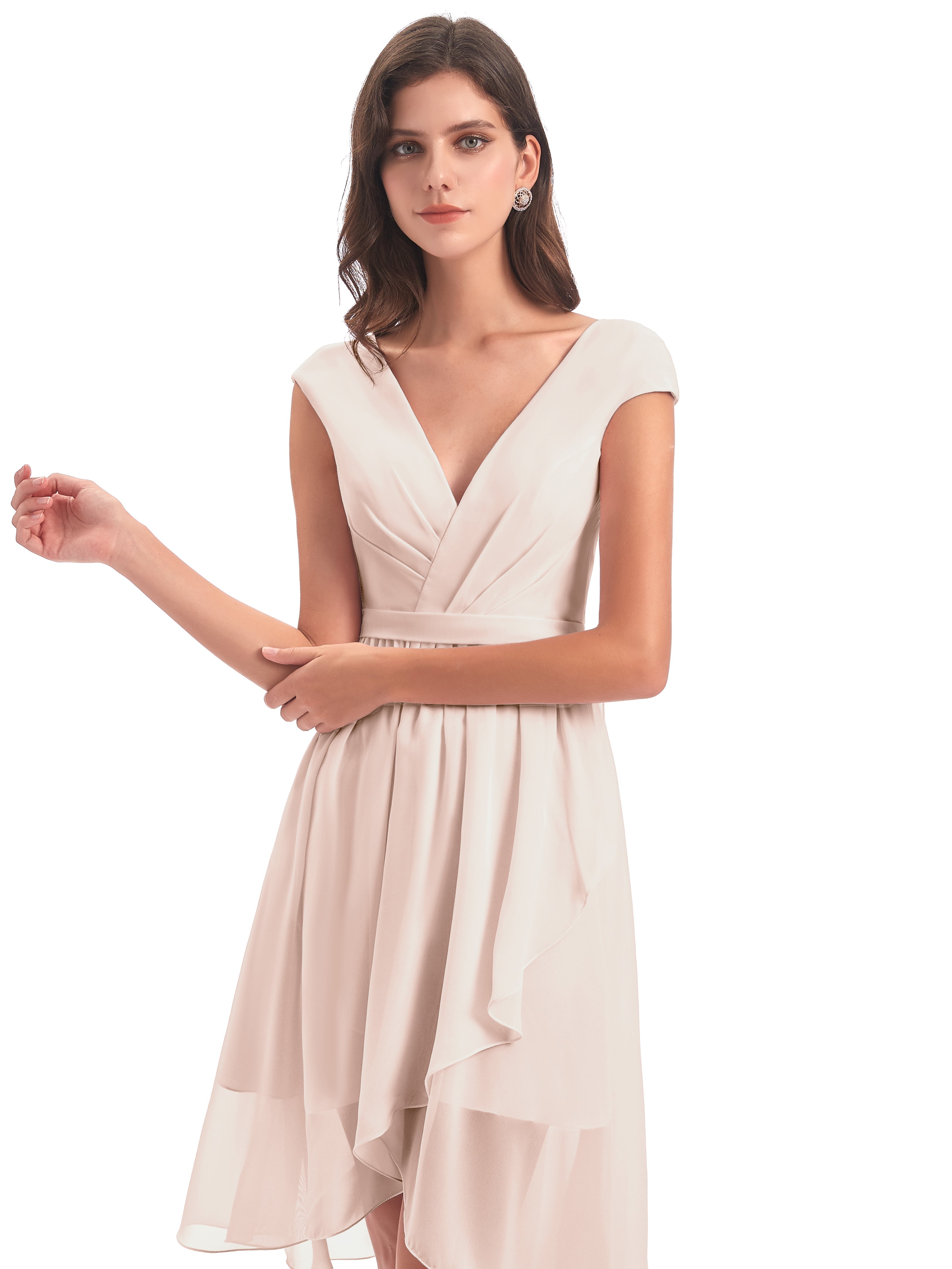 Robe Demoiselle D Honneur Rose Perle Trapèze Longueur Genou Mancherons Robes Demoiselle D'Honneur