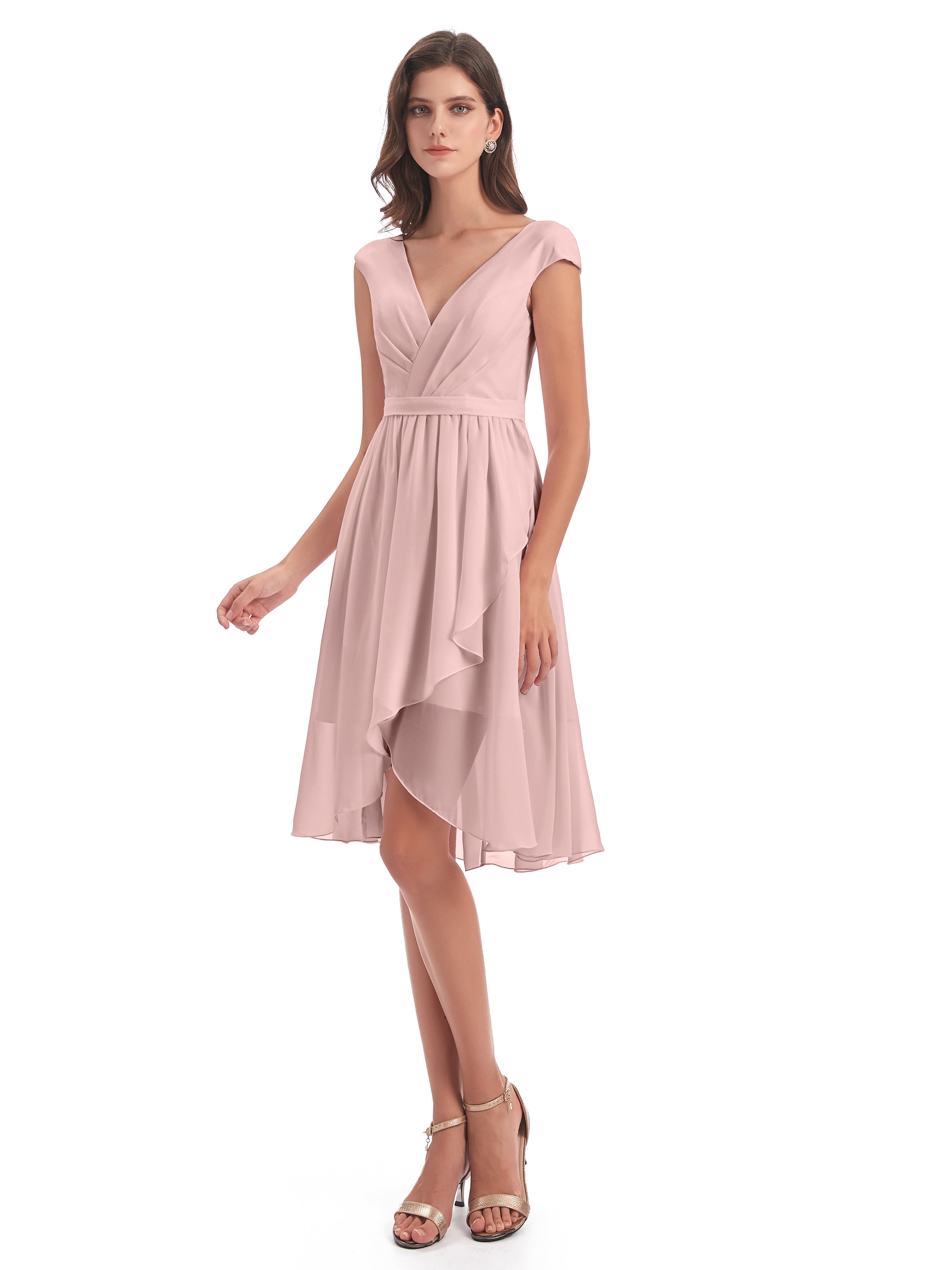Robe Demoiselle D Honneur Rose Poudré Courte Trapèze Longueur Genou Mancherons Robes Demoiselle D'Honneur