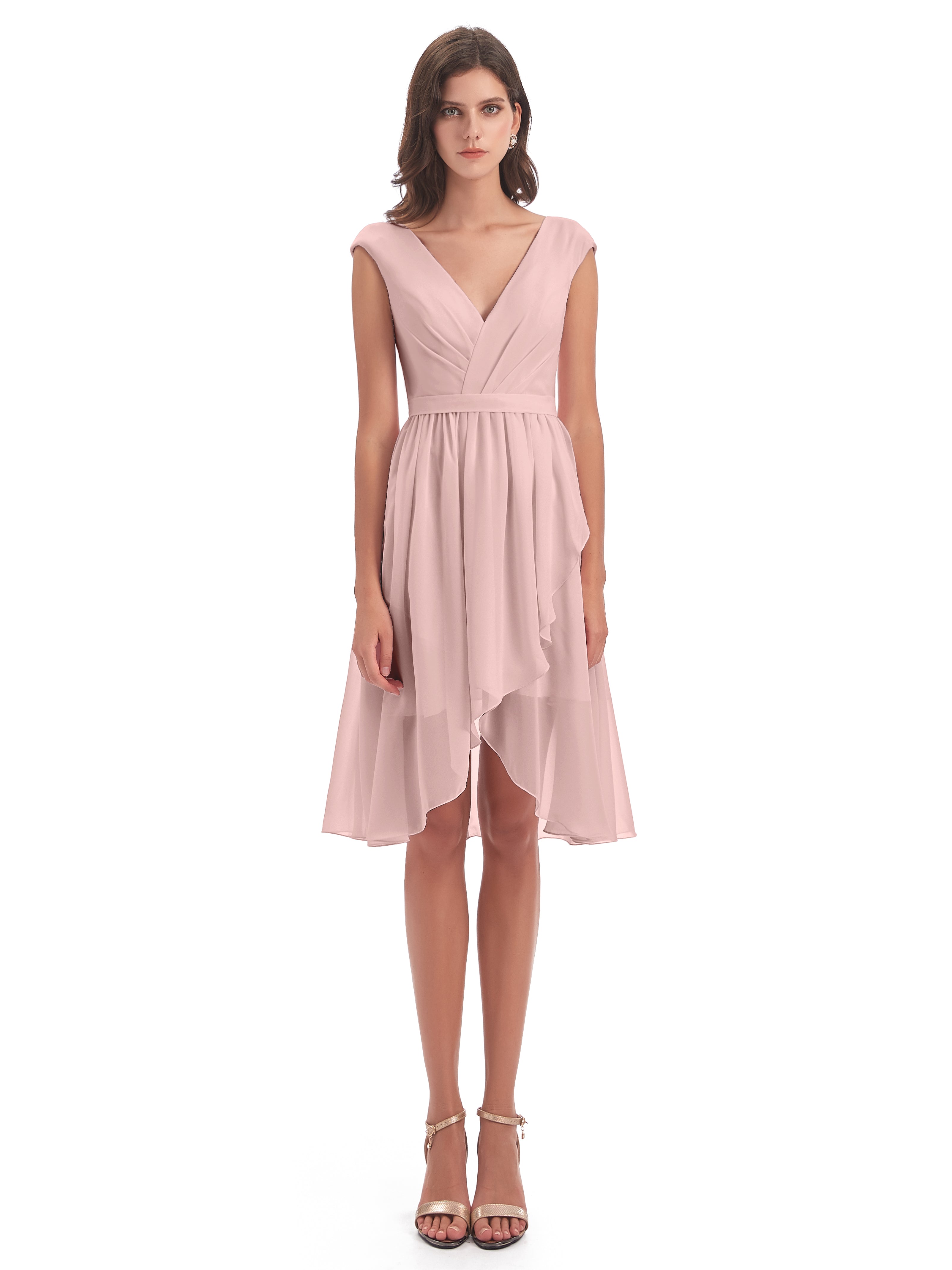 Robe Demoiselle D Honneur Rose Poudré Courte Trapèze Longueur Genou Mancherons Robes Demoiselle D'Honneur