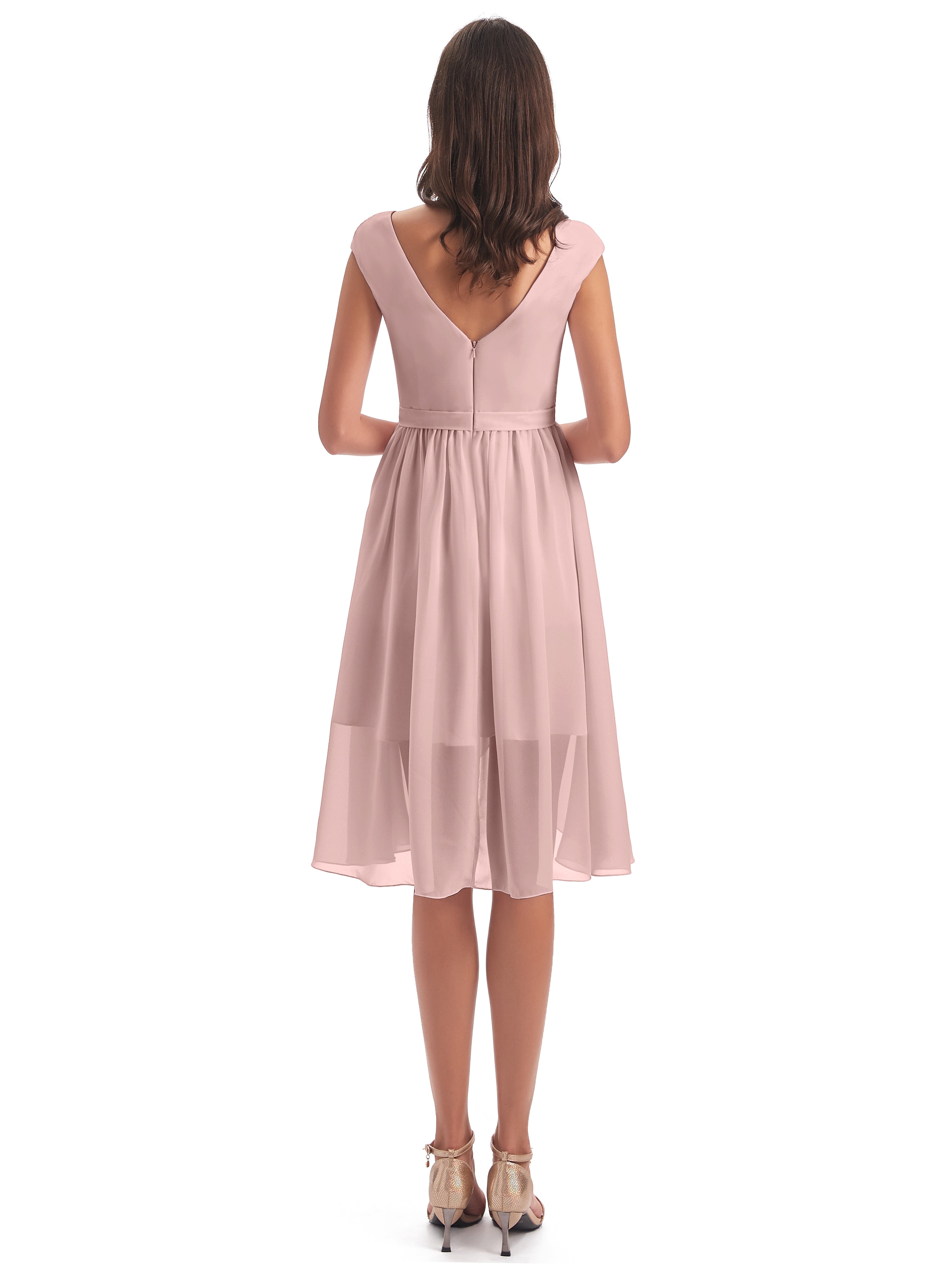 Robe Demoiselle D Honneur Rose Poudré Courte Trapèze Longueur Genou Mancherons Robes Demoiselle D'Honneur