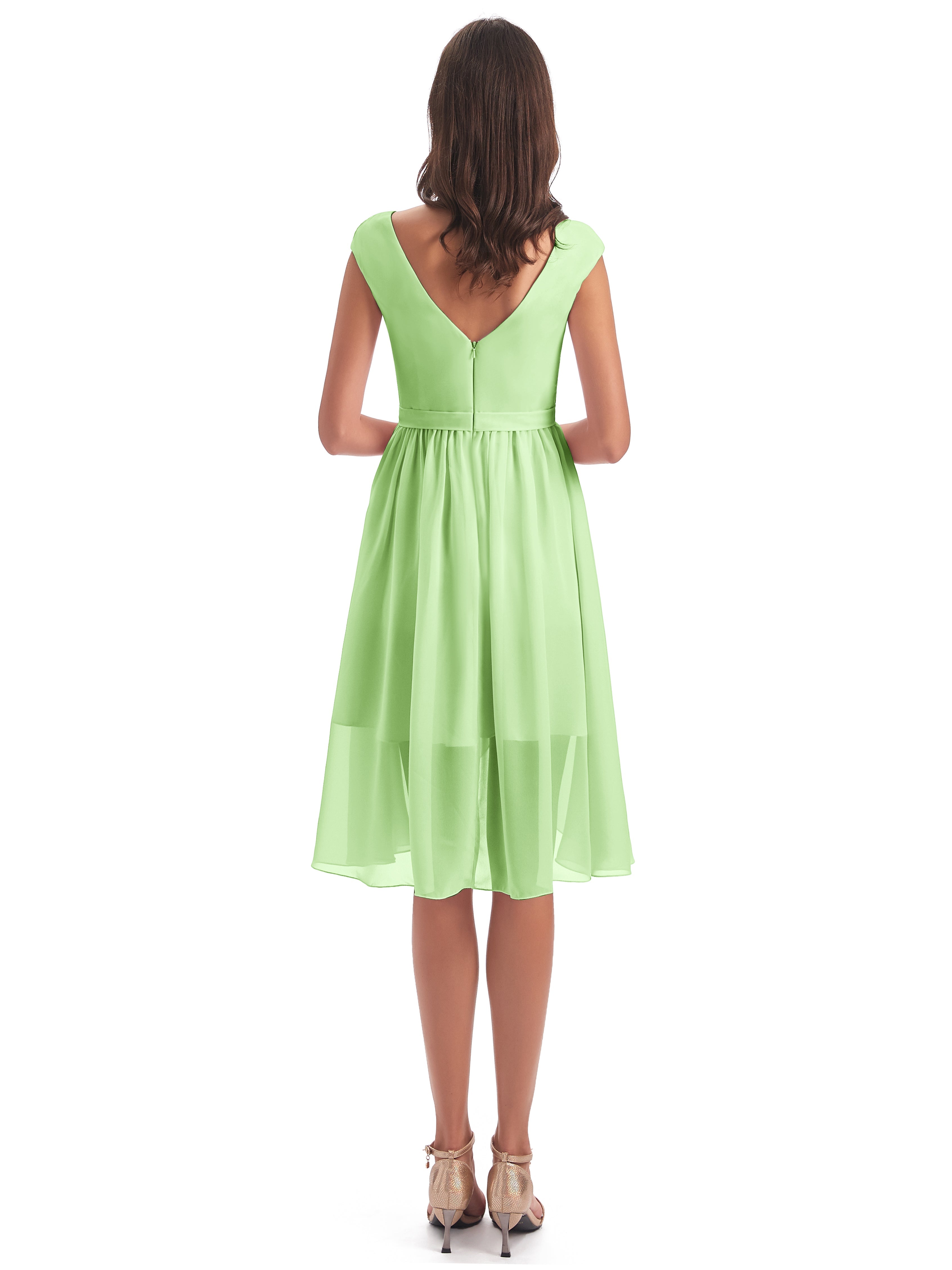 Robe Demoiselle D Honneur Vert Sauge Trapèze Longueur Genou Mancherons Robes Demoiselle D'Honneur
