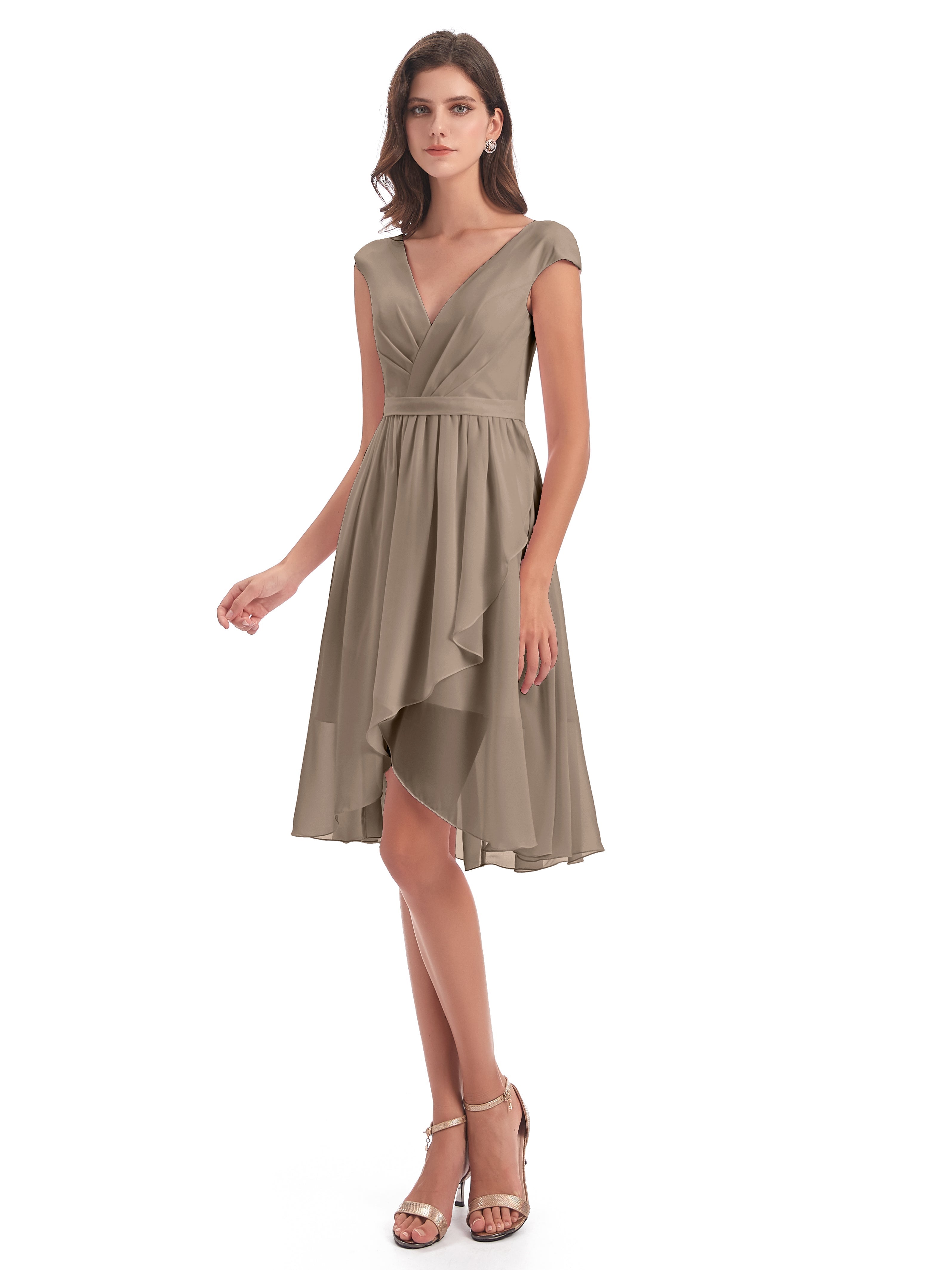 Robe De Couleur Taupe Trapèze Longueur Genou Mancherons Robes Demoiselle D'Honneur