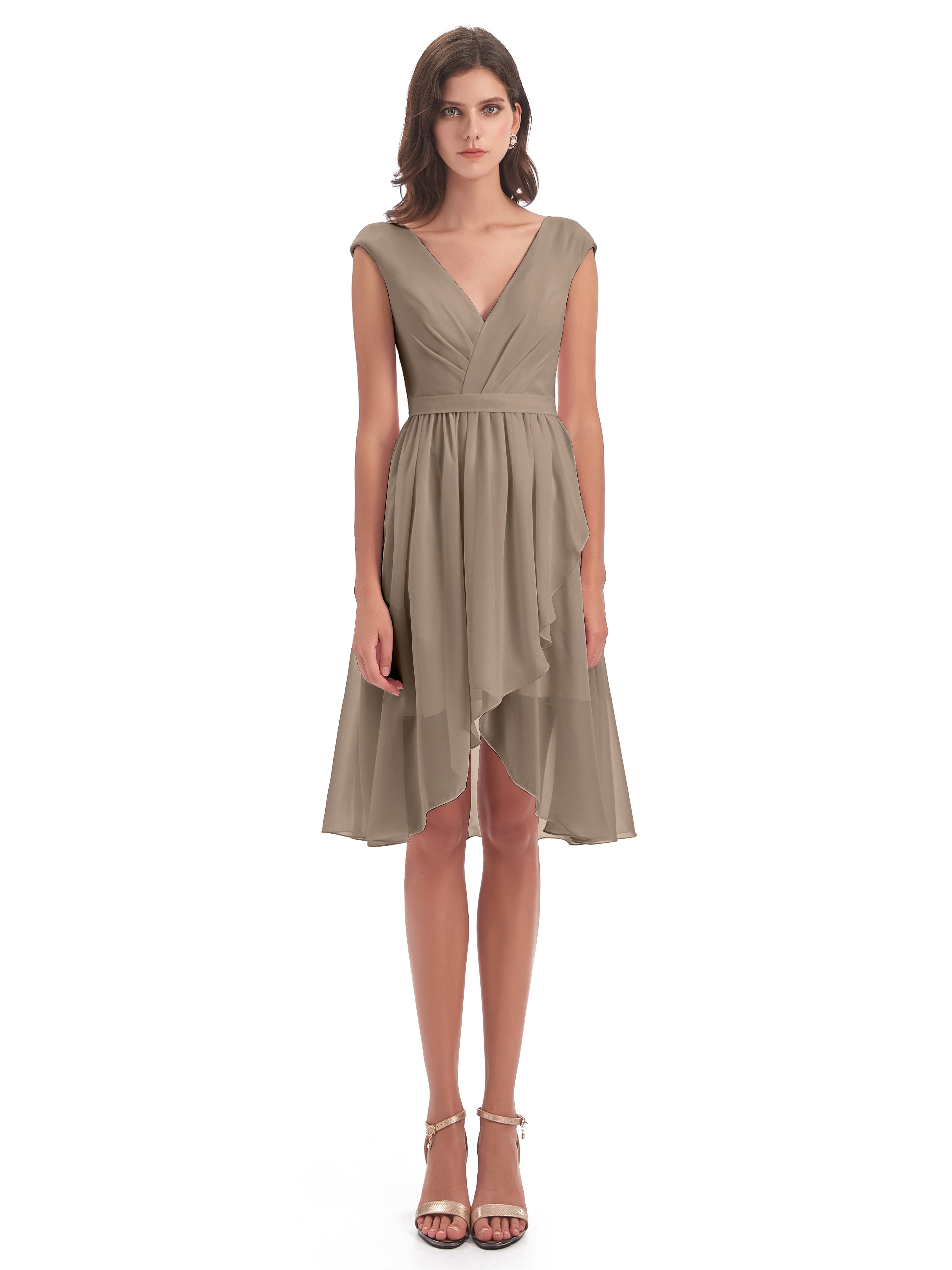 Robe De Couleur Taupe Trapèze Longueur Genou Mancherons Robes Demoiselle D'Honneur