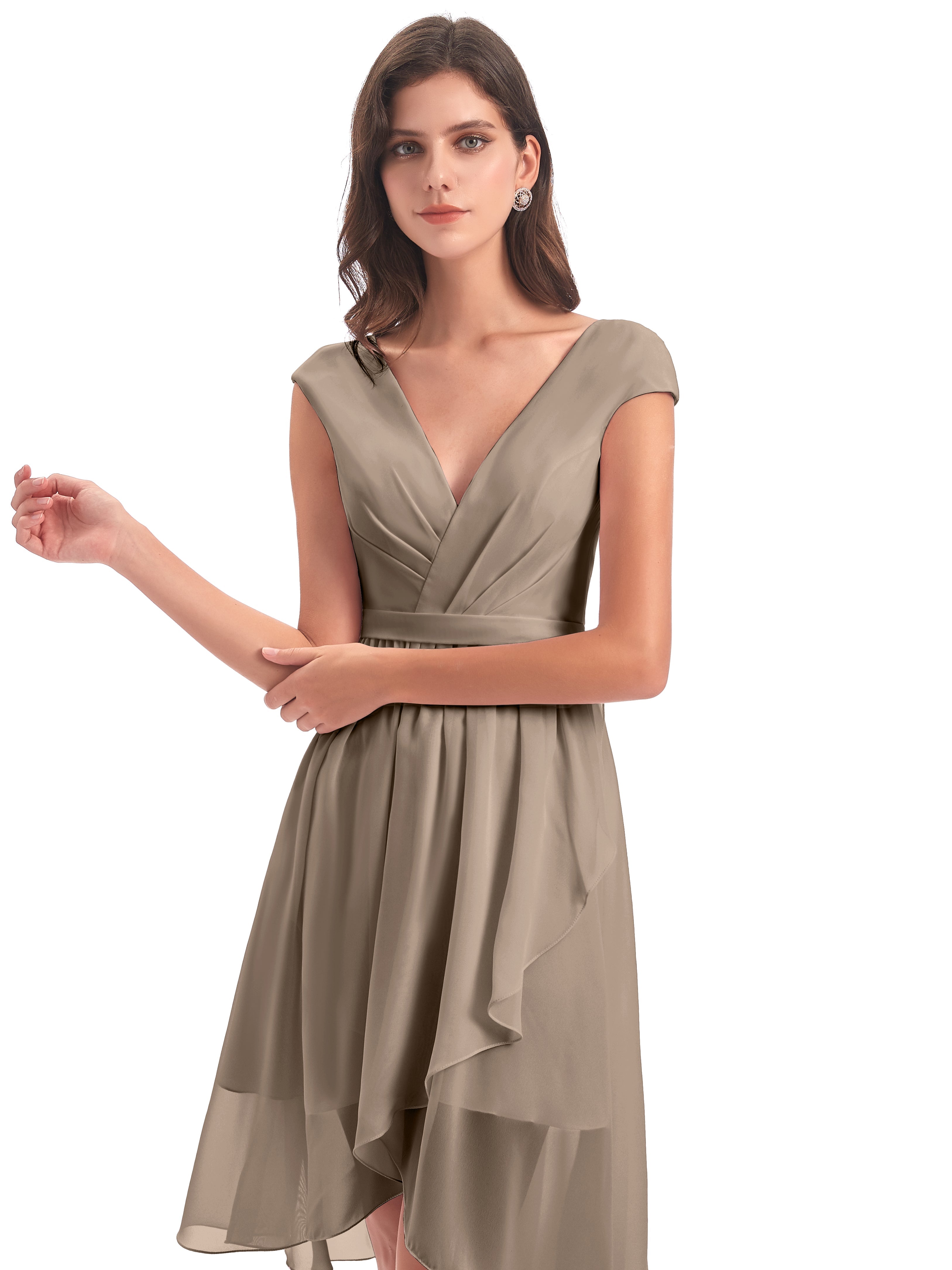 Robe De Couleur Taupe Trapèze Longueur Genou Mancherons Robes Demoiselle D'Honneur