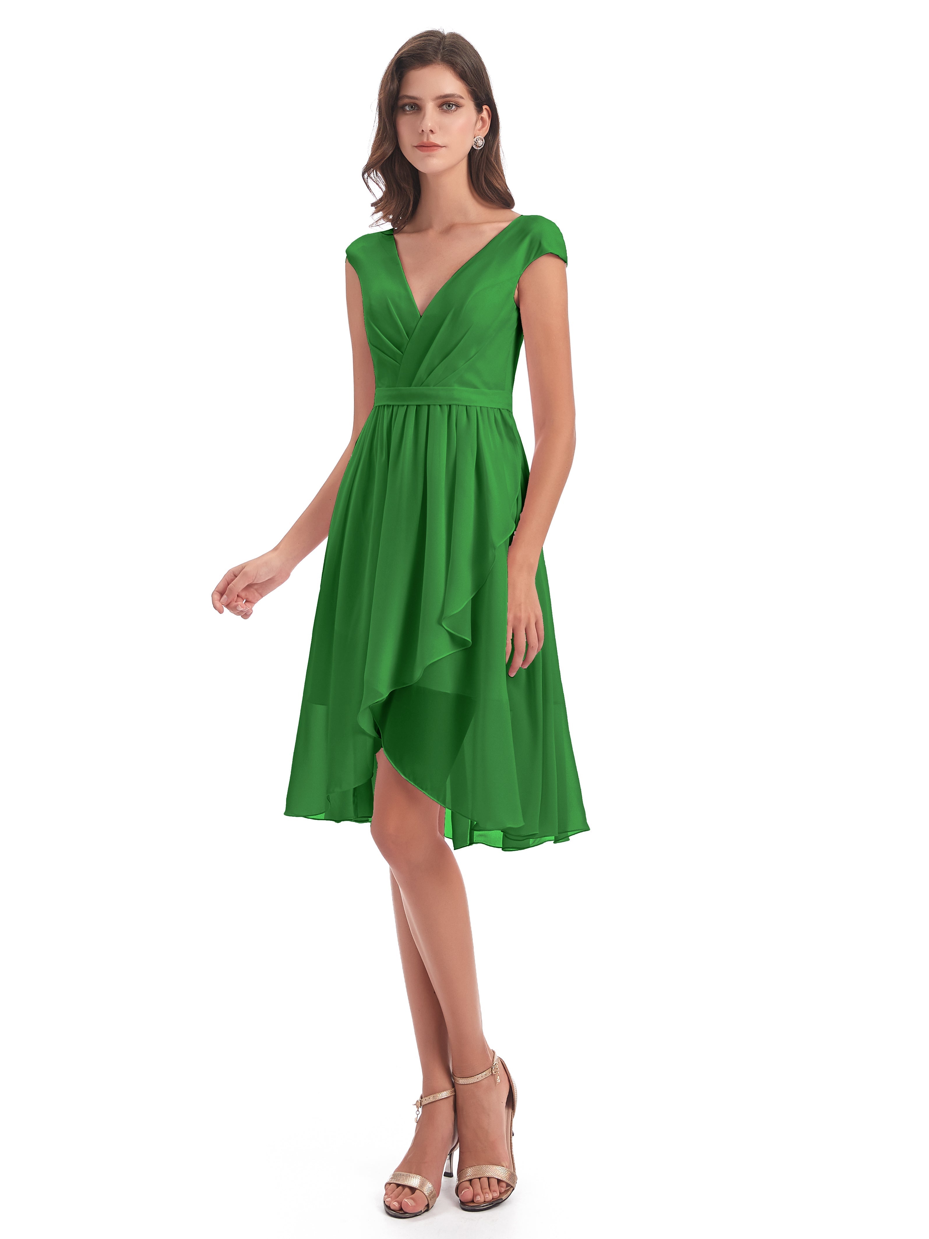 Robe De Demoiselle D'Honneur Verte Trapèze Longueur Genou Mancherons Robes Demoiselle D'Honneur