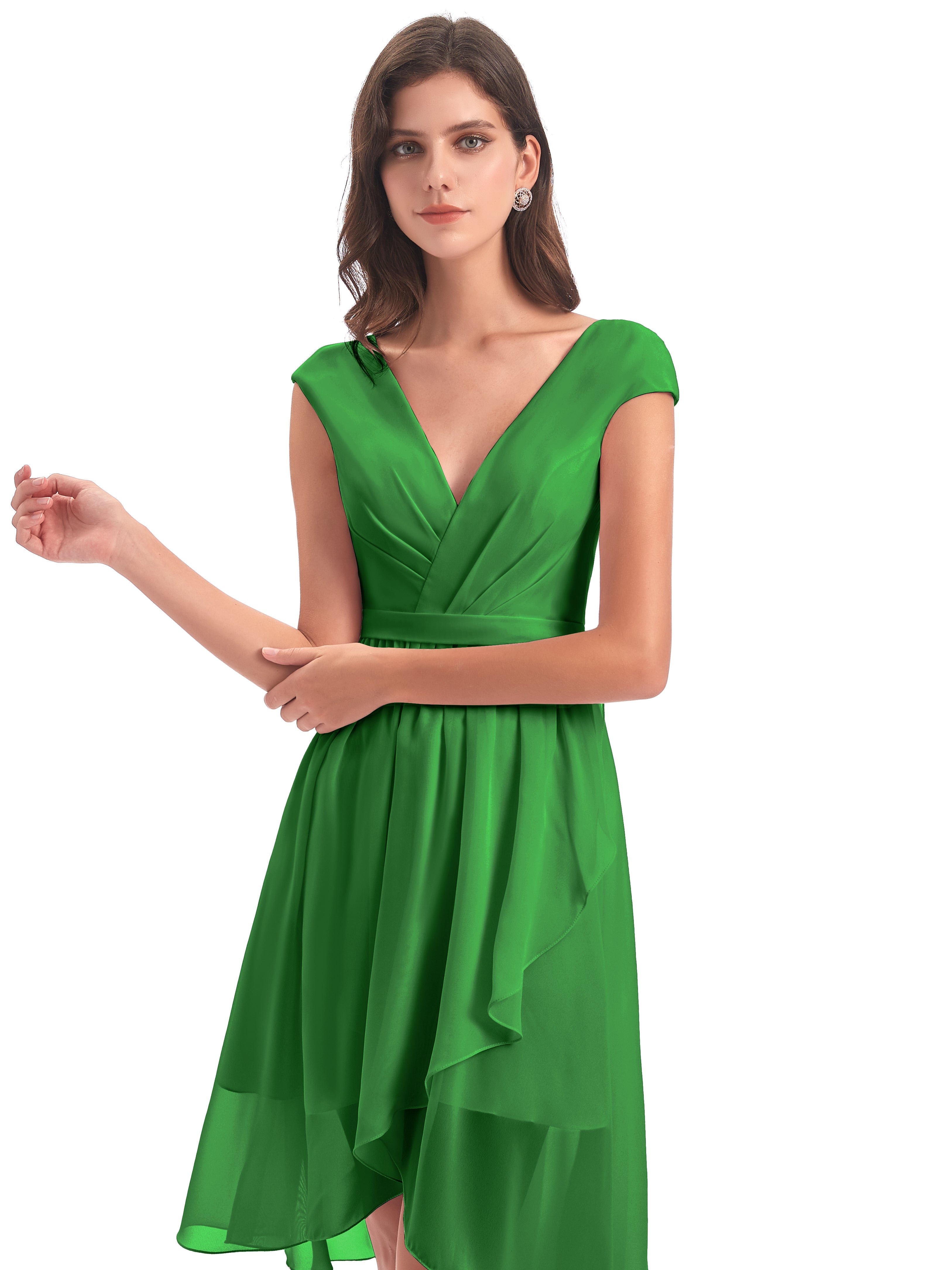 Robe De Demoiselle D'Honneur Verte Trapèze Longueur Genou Mancherons Robes Demoiselle D'Honneur
