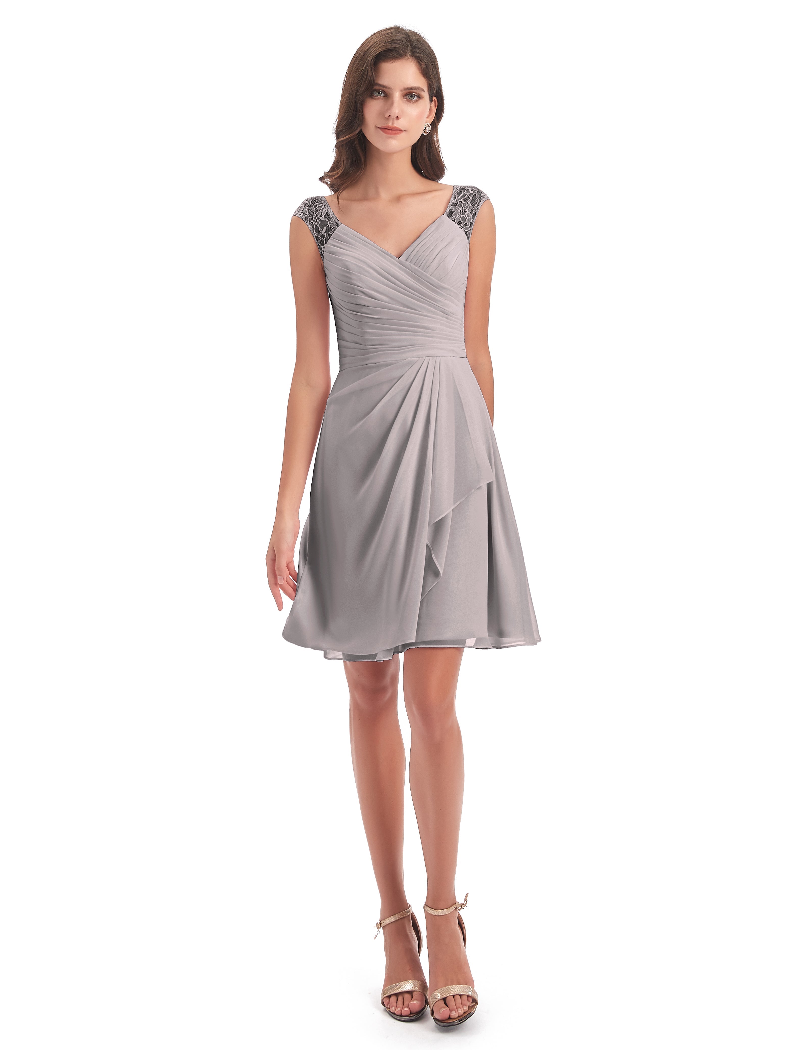 Robes De Demoiselle D'Honneur En Argent Courte Dentelle/Mousseline Robes Demoiselle D'Honneur Avec Plissé