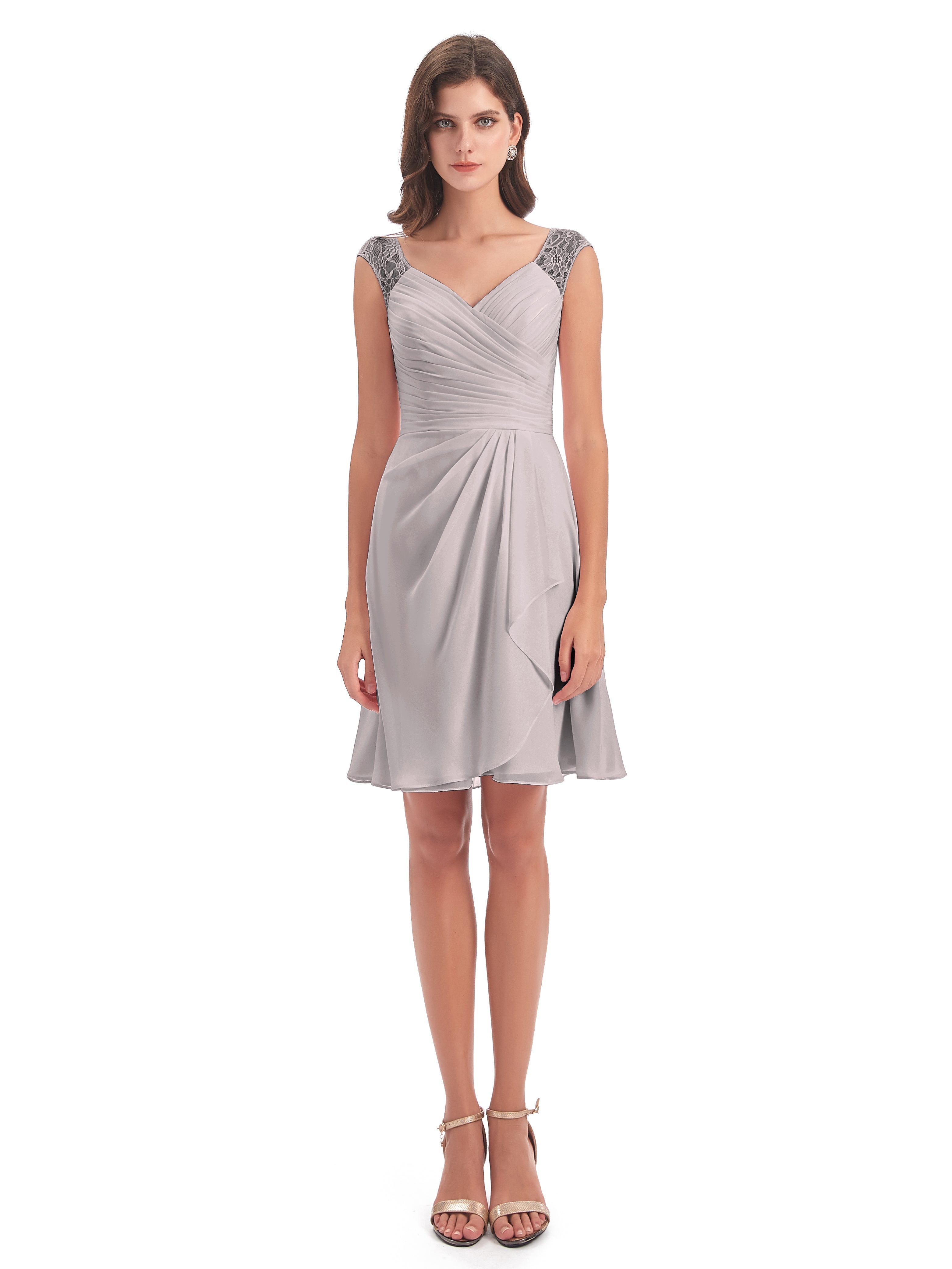 Robes De Demoiselle D'Honneur En Argent Courte Dentelle/Mousseline Robes Demoiselle D'Honneur Avec Plissé