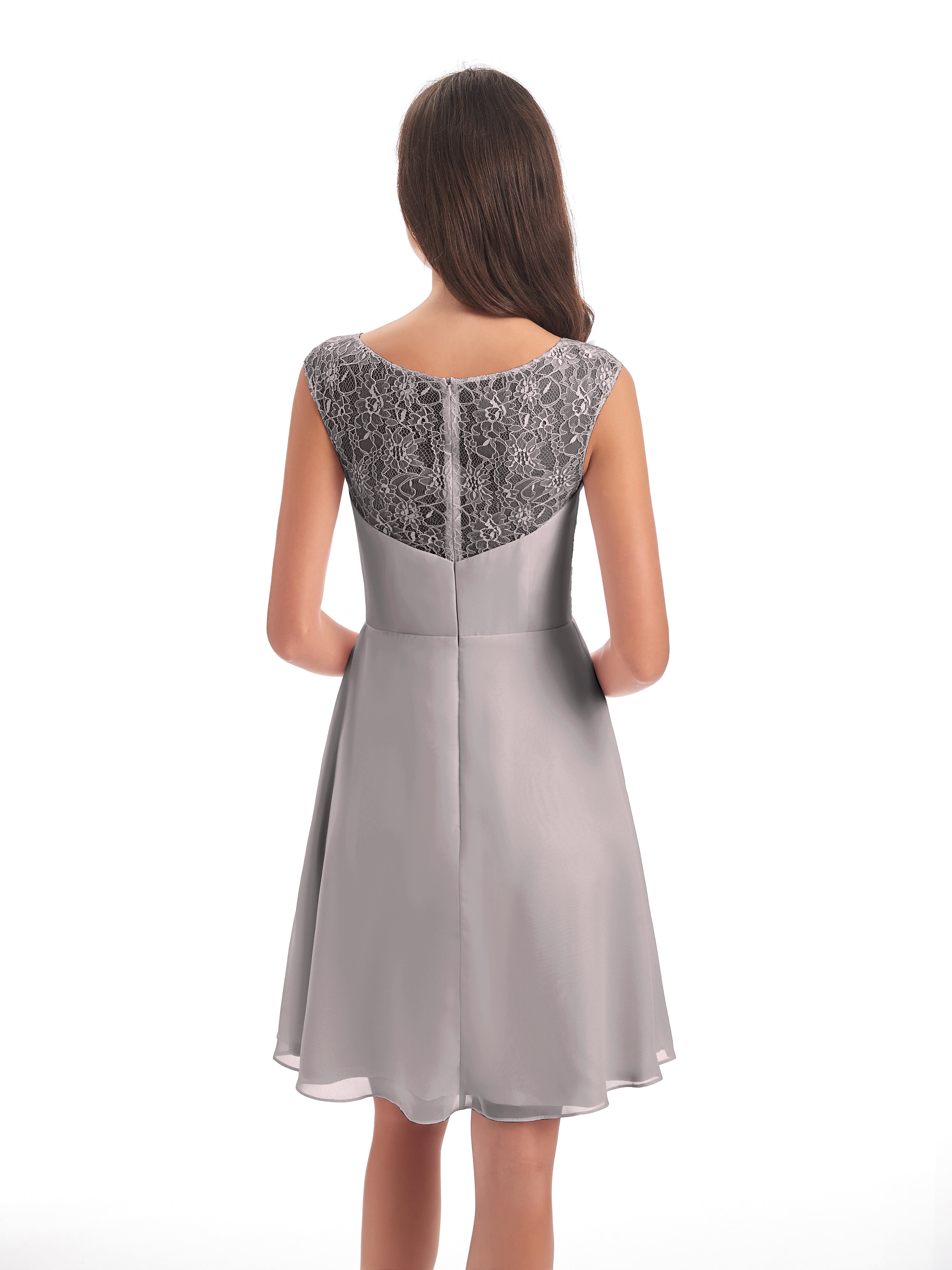 Robes De Demoiselle D'Honneur En Argent Courte Dentelle/Mousseline Robes Demoiselle D'Honneur Avec Plissé
