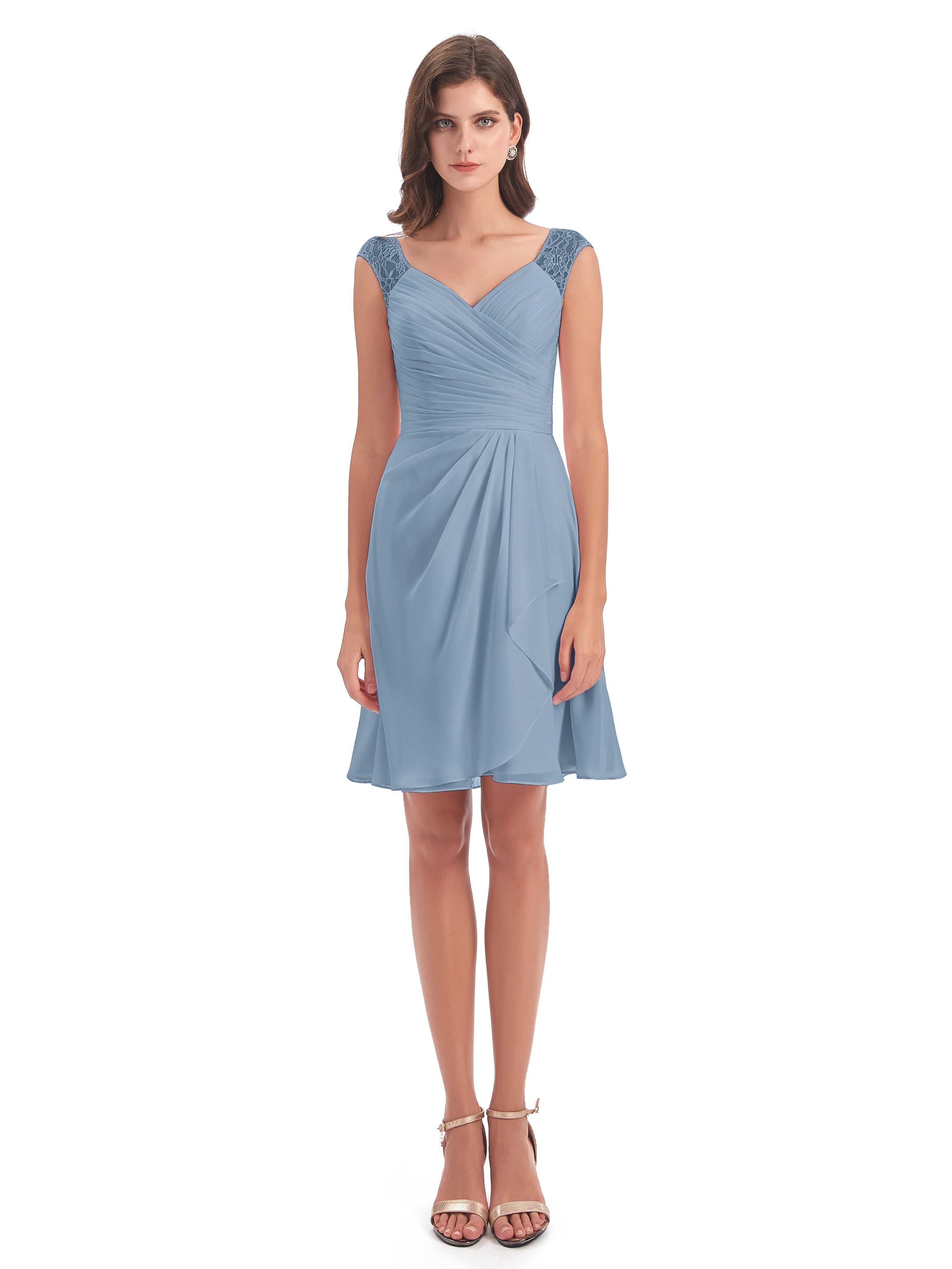 Robes De Demoiselle D'Honneur Bleu De Schiste Courte Dentelle/Mousseline Robes Demoiselle D'Honneur Avec Plissé