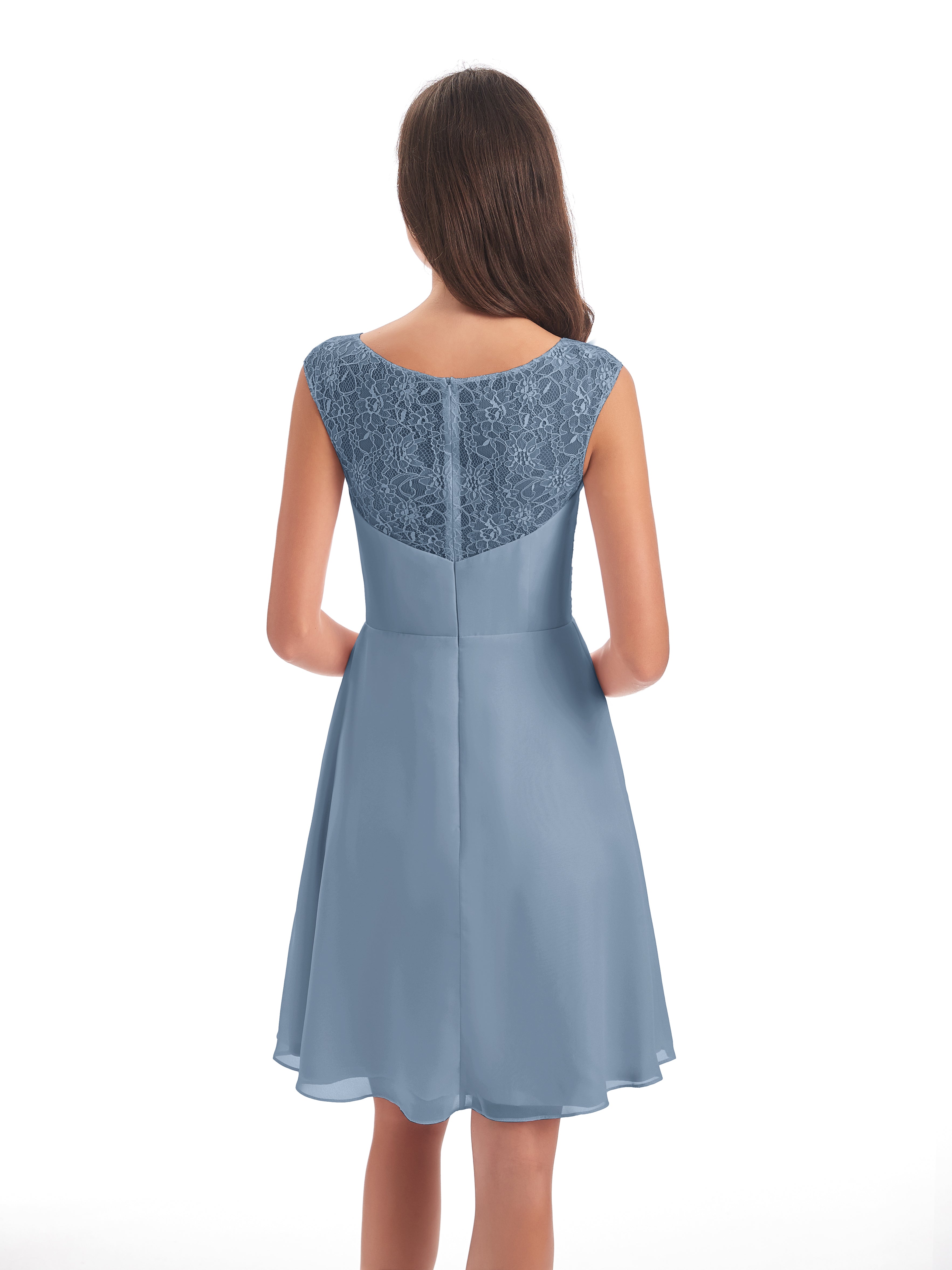 Robes De Demoiselle D'Honneur Bleu De Schiste Courte Dentelle/Mousseline Robes Demoiselle D'Honneur Avec Plissé
