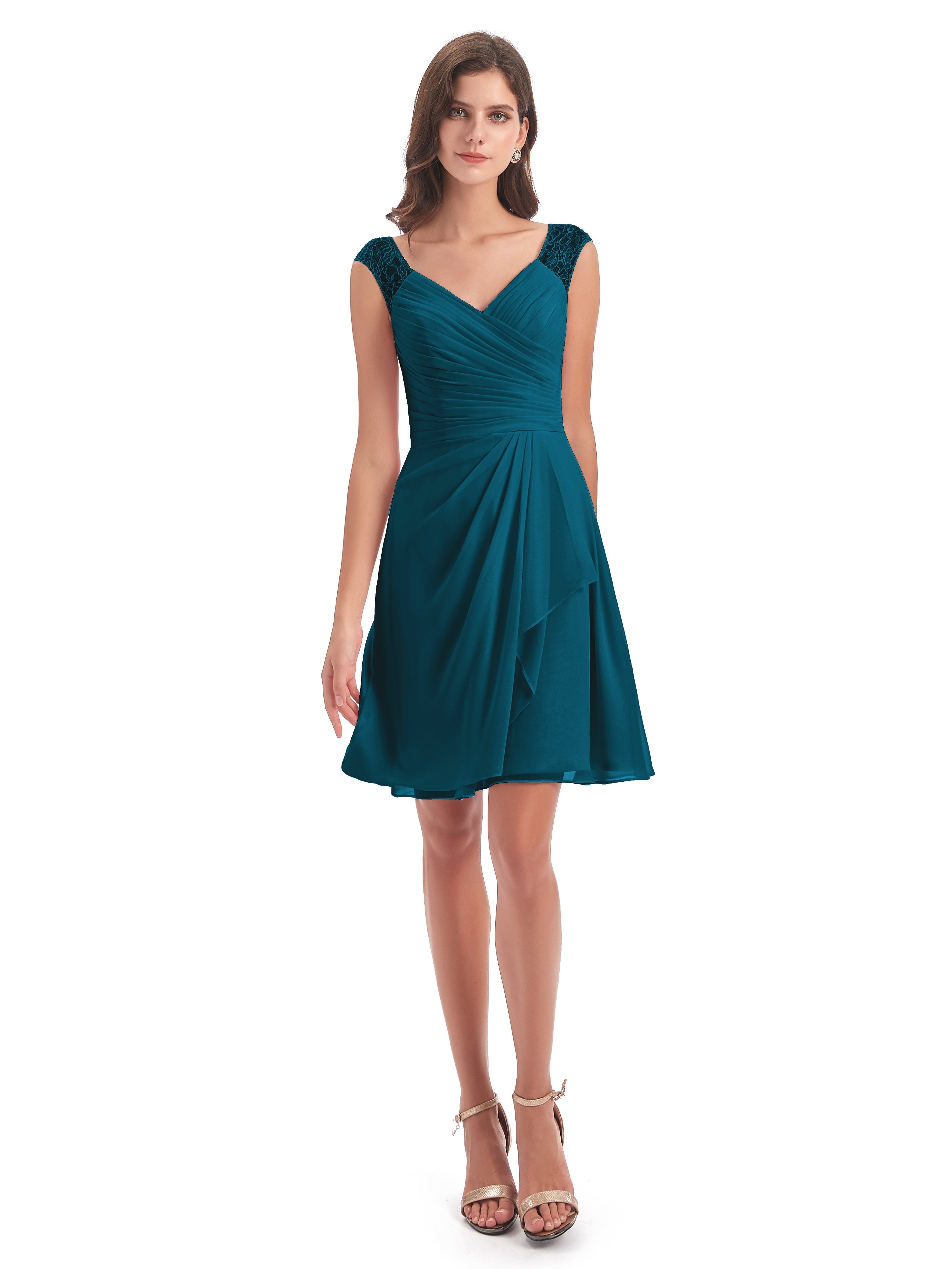 Robe De Demoiselle D'Honneur Bleu Encre Courte Dentelle/Mousseline Robes Demoiselle D'Honneur Avec Plissé