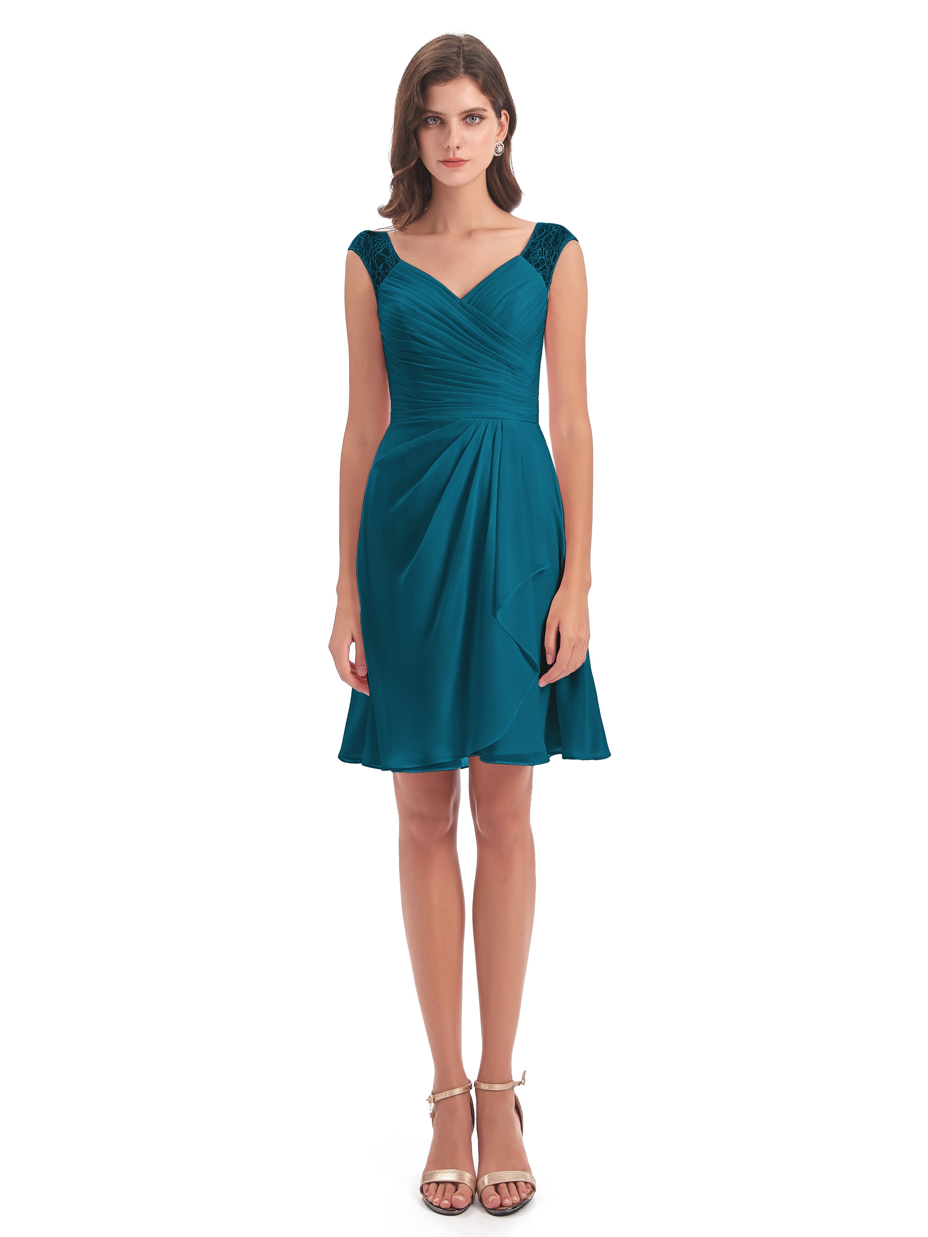 Robe De Demoiselle D'Honneur Bleu Encre Courte Dentelle/Mousseline Robes Demoiselle D'Honneur Avec Plissé