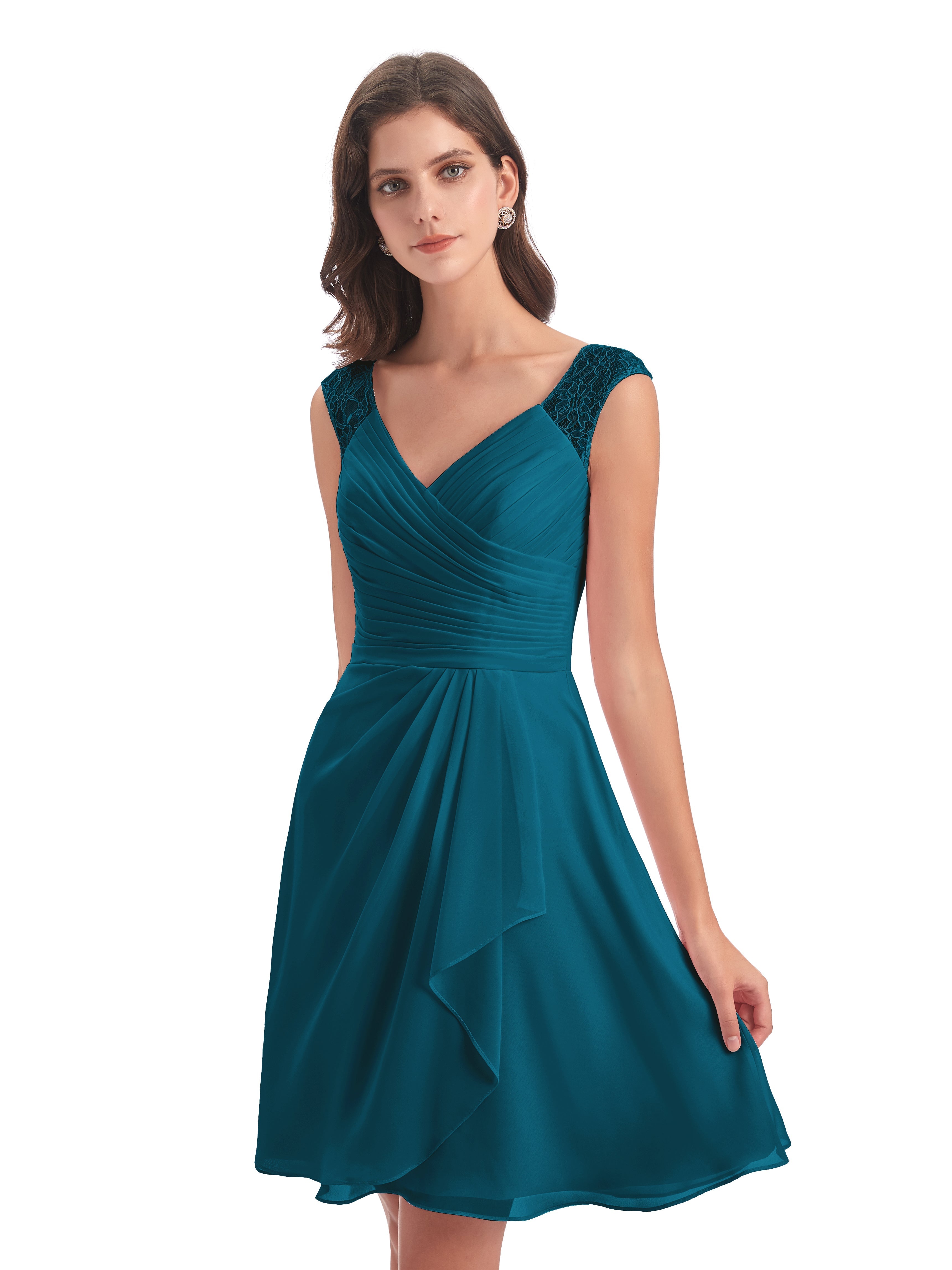 Robe De Demoiselle D'Honneur Bleu Encre Courte Dentelle/Mousseline Robes Demoiselle D'Honneur Avec Plissé