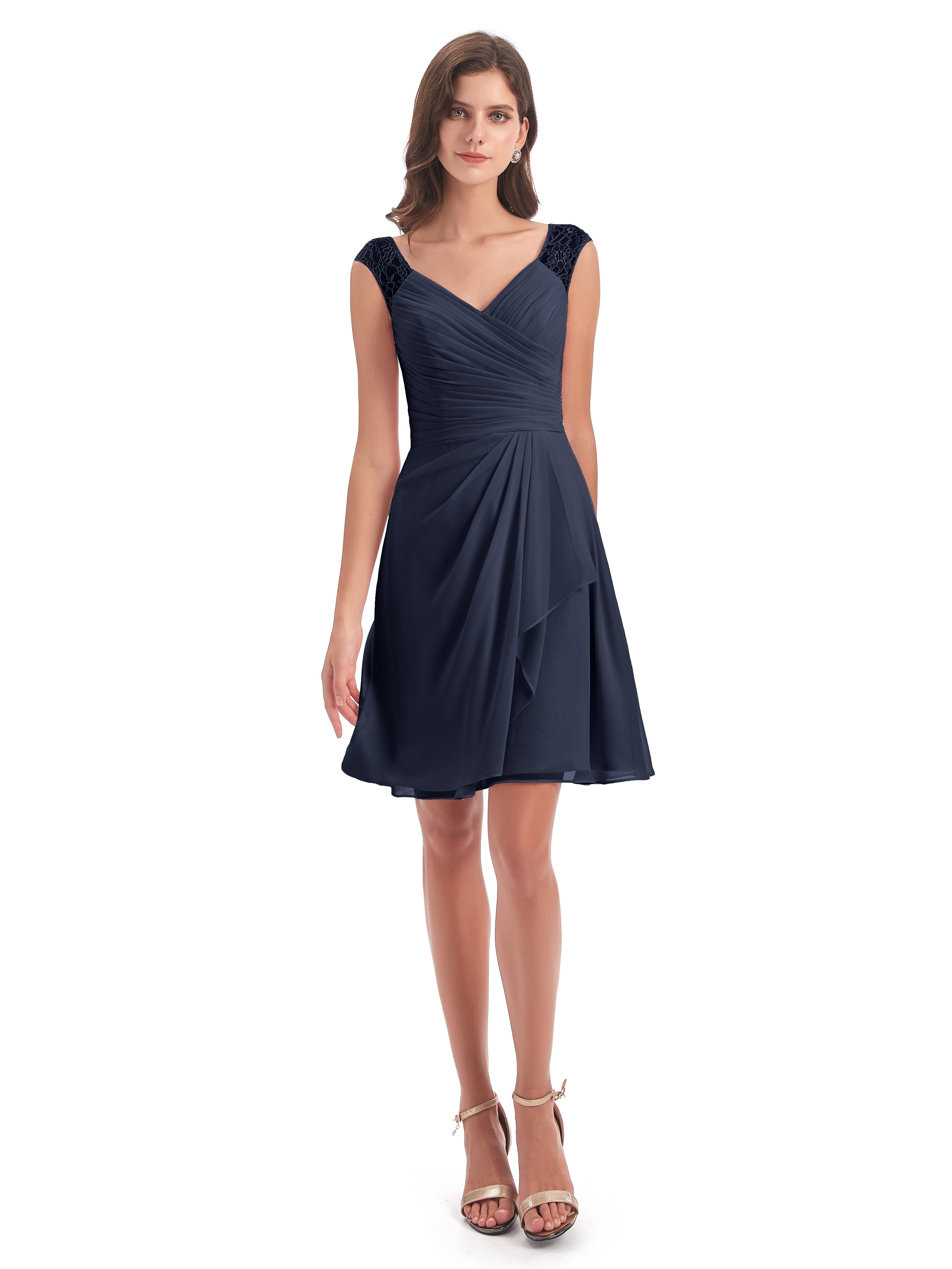 Robes De Demoiselle D'Honneur Bleu Marine Foncé Courte Dentelle/Mousseline Robes Demoiselle D'Honneur Avec Plissé