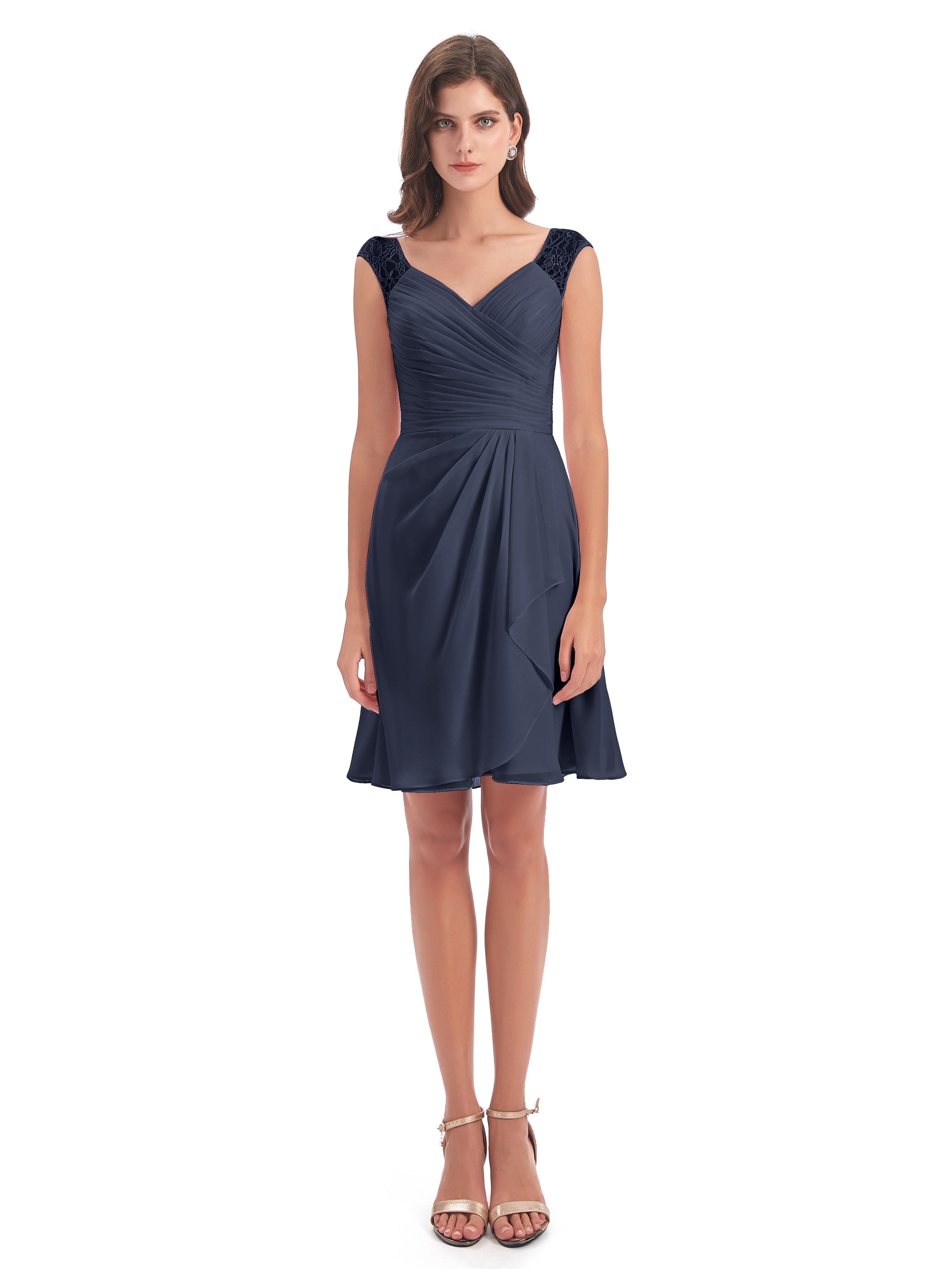 Robes De Demoiselle D'Honneur Bleu Marine Foncé Courte Dentelle/Mousseline Robes Demoiselle D'Honneur Avec Plissé