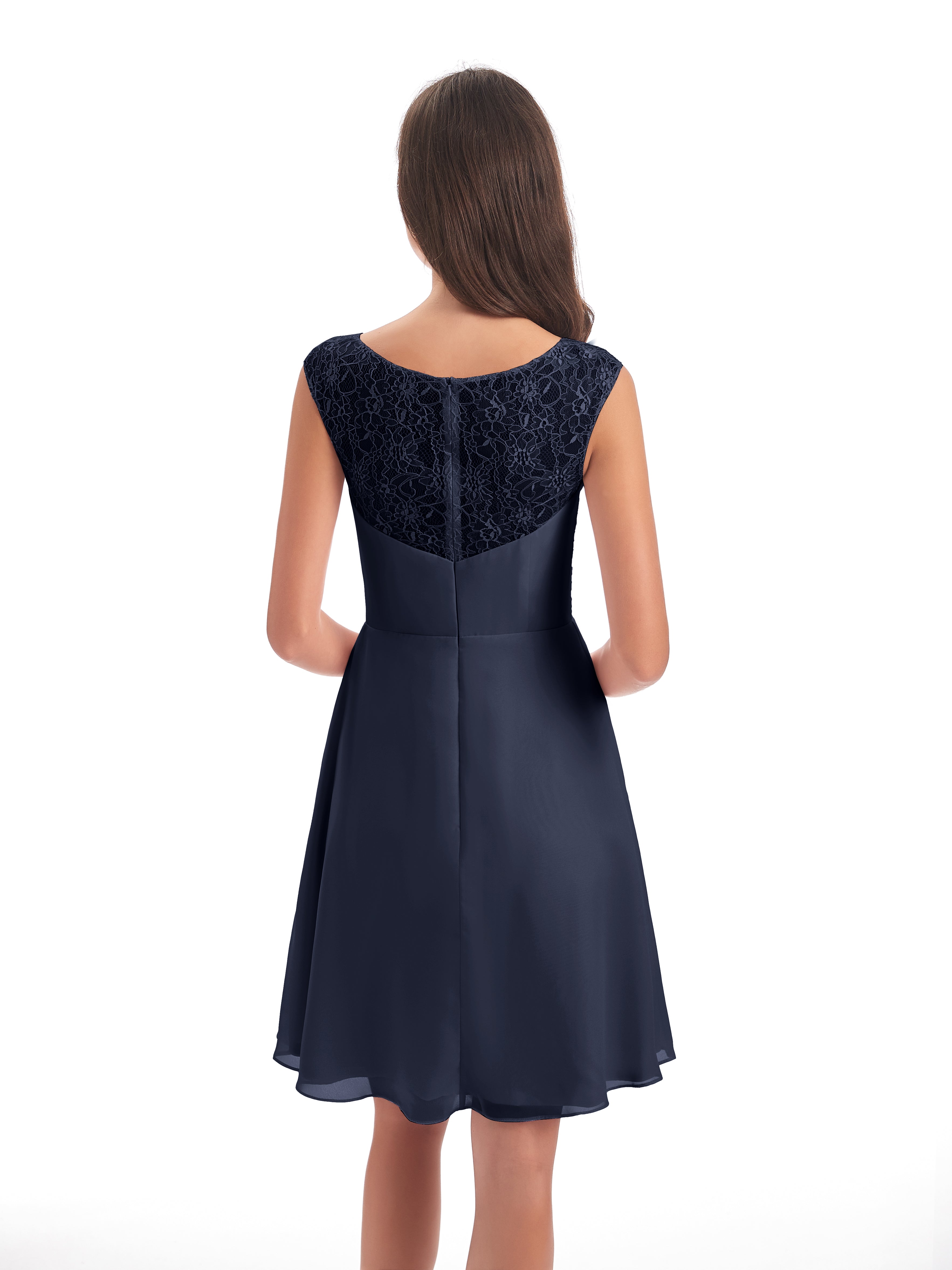 Robes De Demoiselle D'Honneur Bleu Marine Foncé Courte Dentelle/Mousseline Robes Demoiselle D'Honneur Avec Plissé